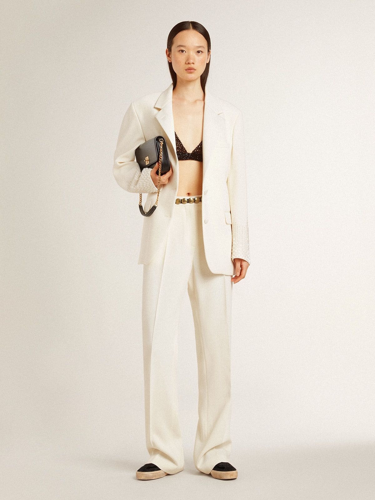 Single-breasted oversize jacket in white with silk effect and embroidery - 3