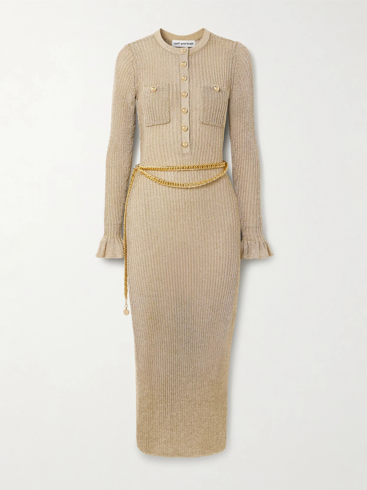 Belted Ruffled Metallic Ribbed-knit Midi Dress - 1