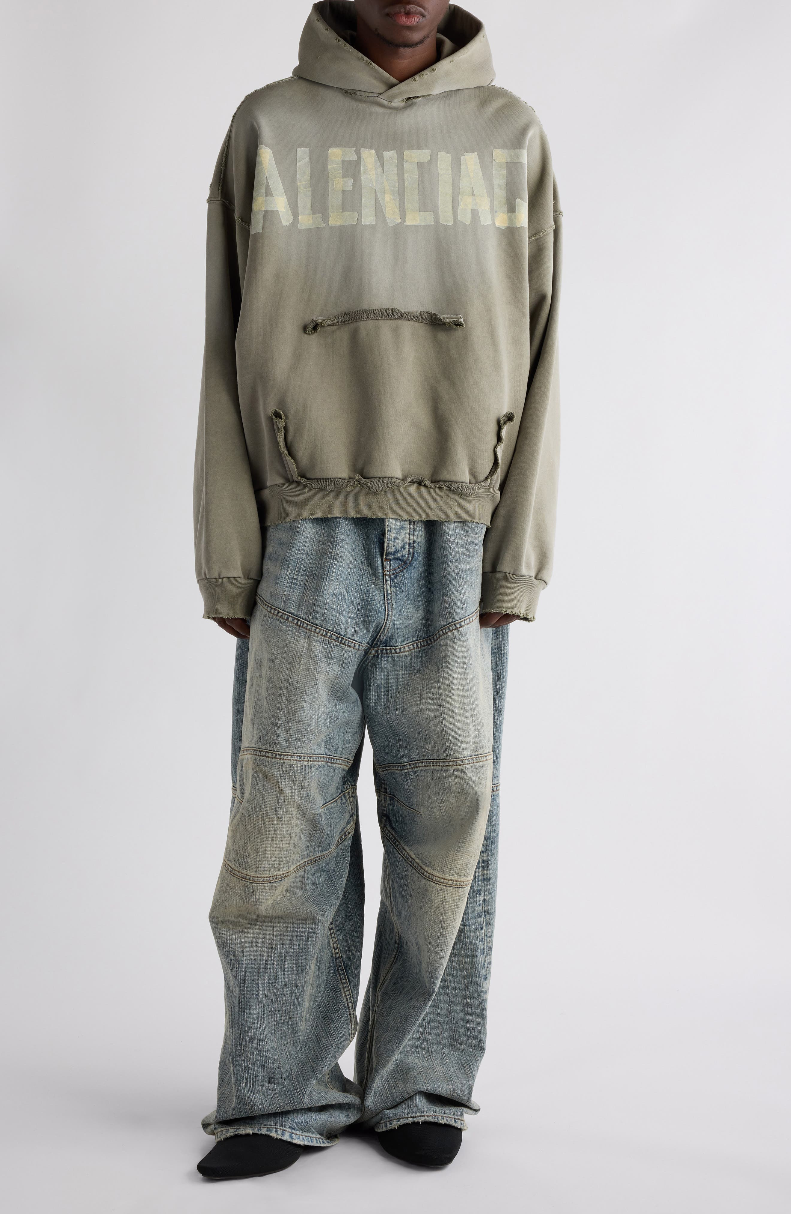 Balenciaga Tape Type Ripped Pocket Large Fit Fleece Hoodie in 2942 Army Green at Nordstrom - 2