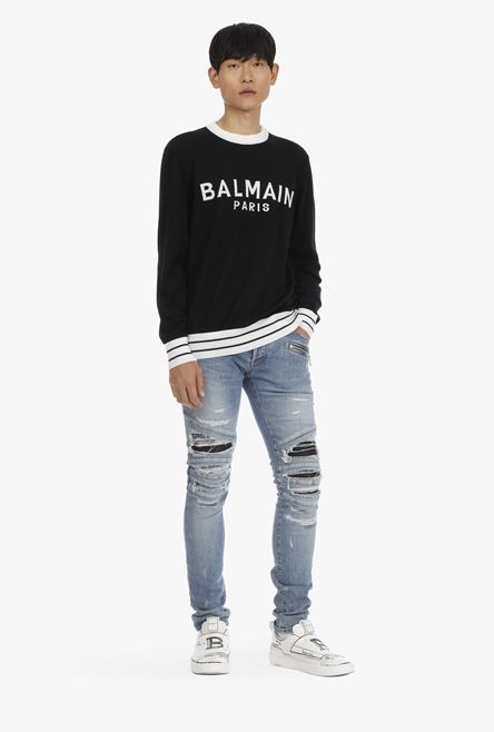 Black wool sweater with embroidered white Balmain logo - 2