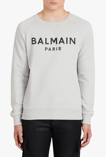 Light gray eco-designed cotton sweatshirt with black Balmain Paris metallic logo print - 5