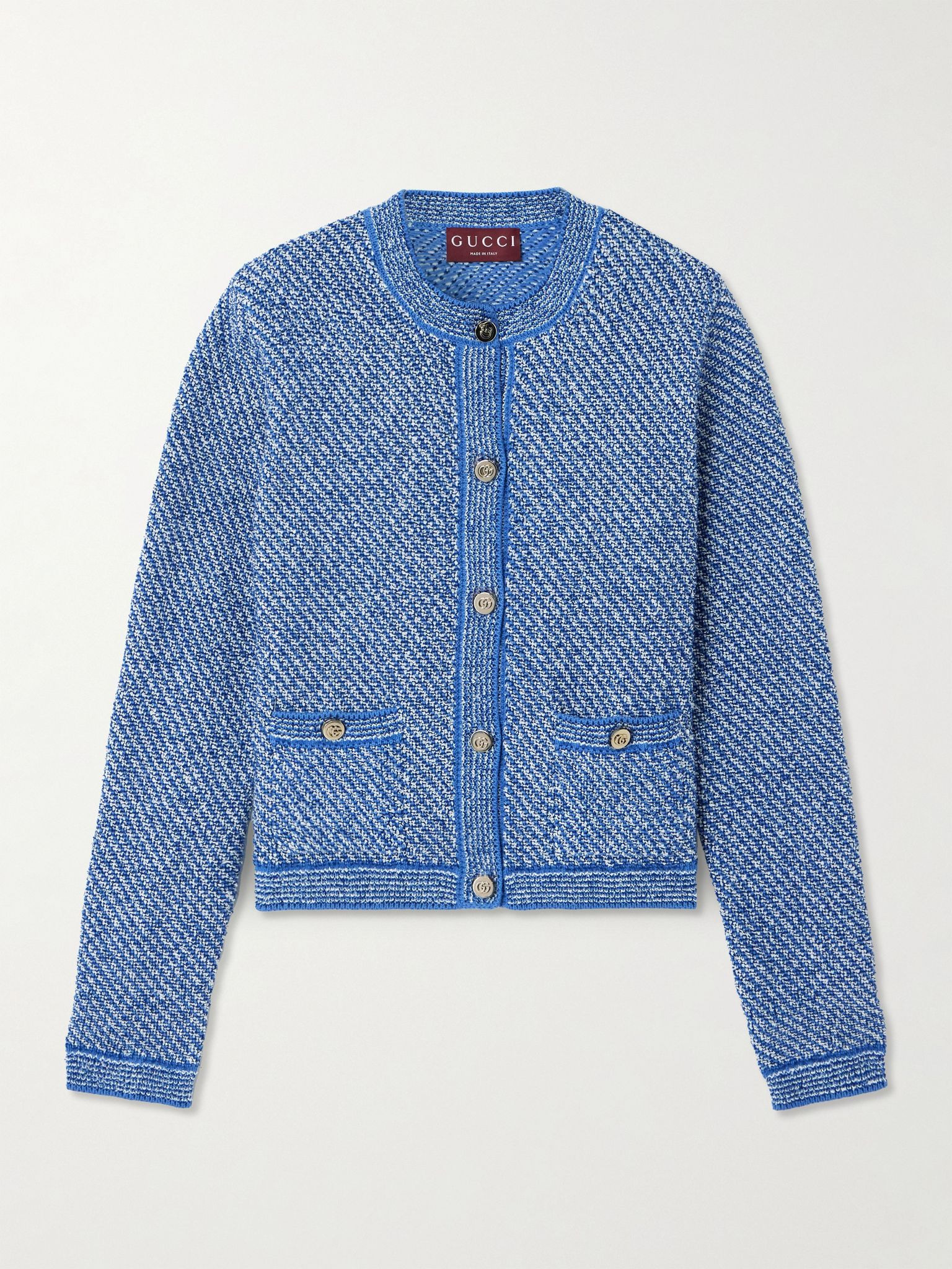 Striped cotton-blend bouclé cardigan Light denim - 1