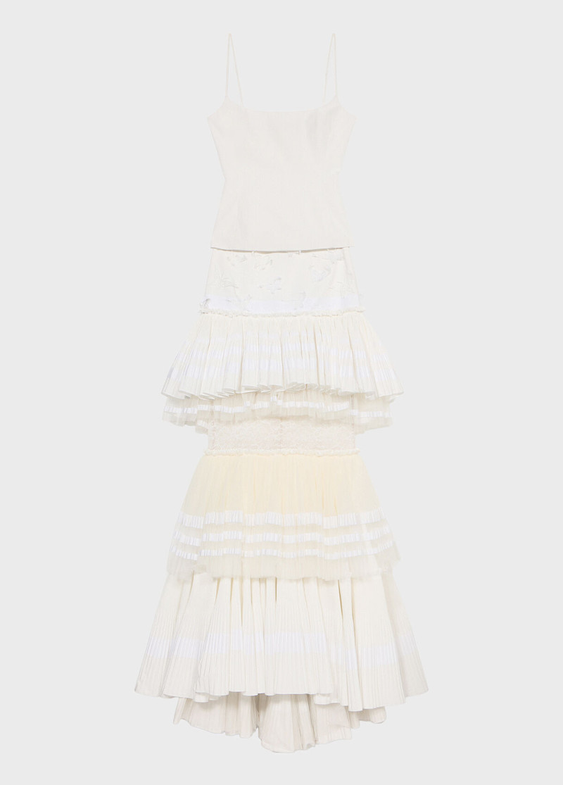 LONG TAFFETA DRESS WITH TULLE RUFFLES AND LACE INSERTS 1