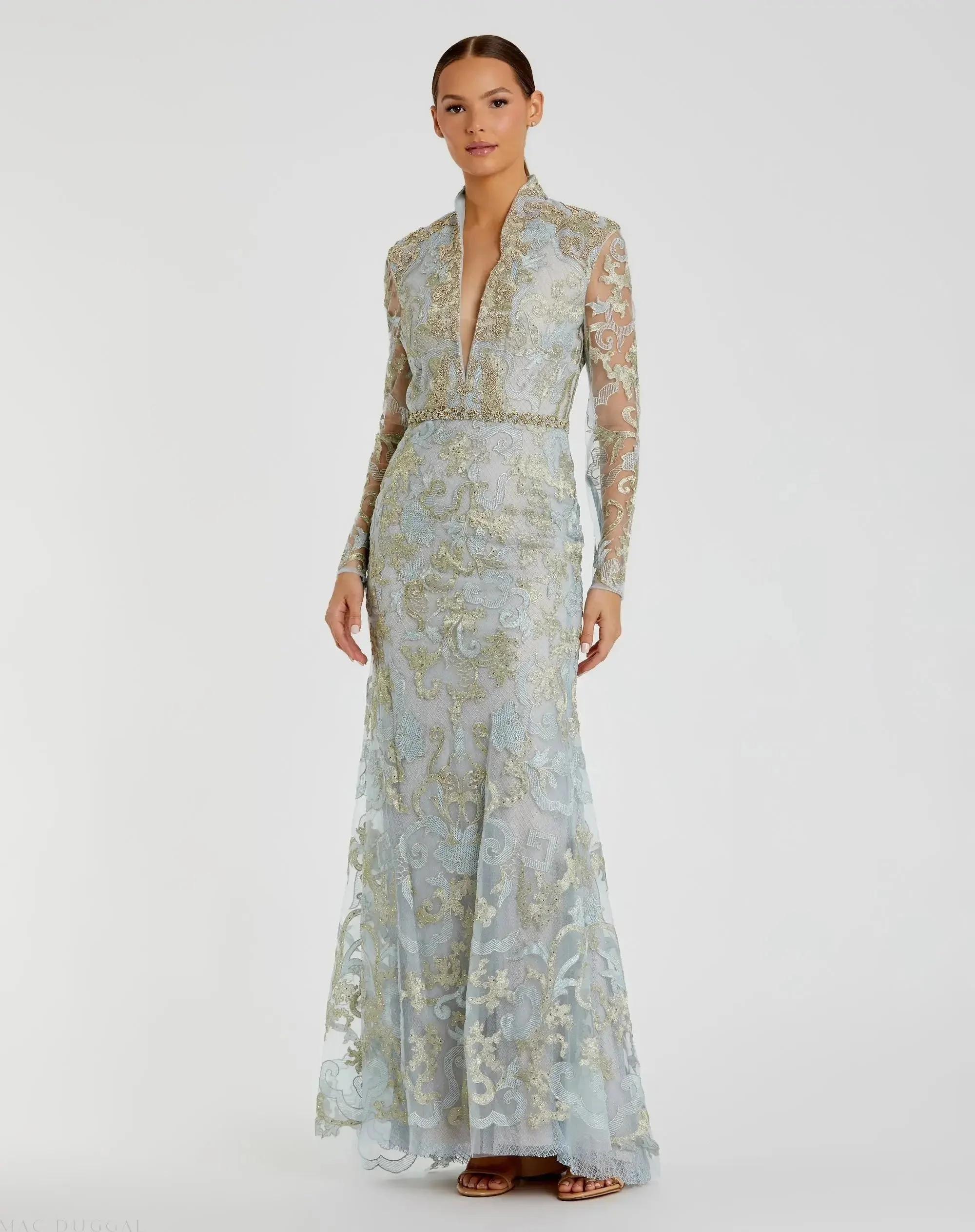 Powder Blue Queen Anne Lace Long Sleeve V-Neck Trumpet Gown - 1