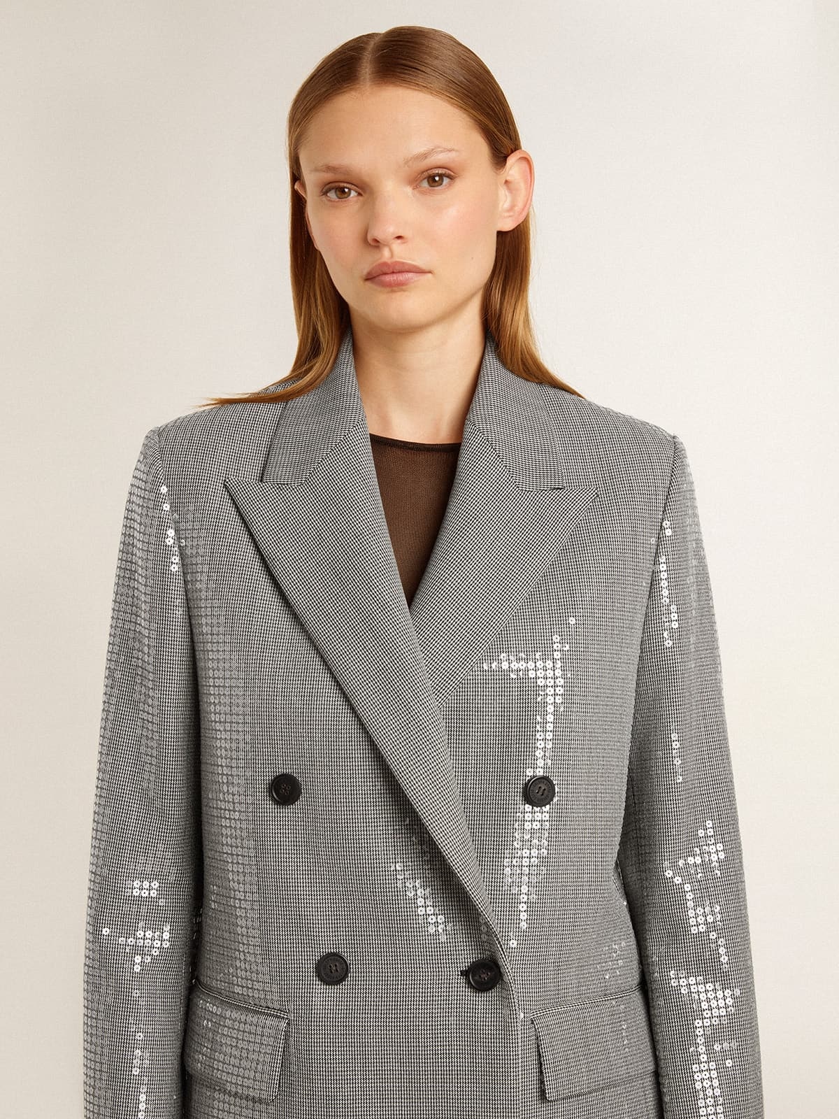 Double-breasted wool boyfriend jacket in micro houndstooth and sequins - 5