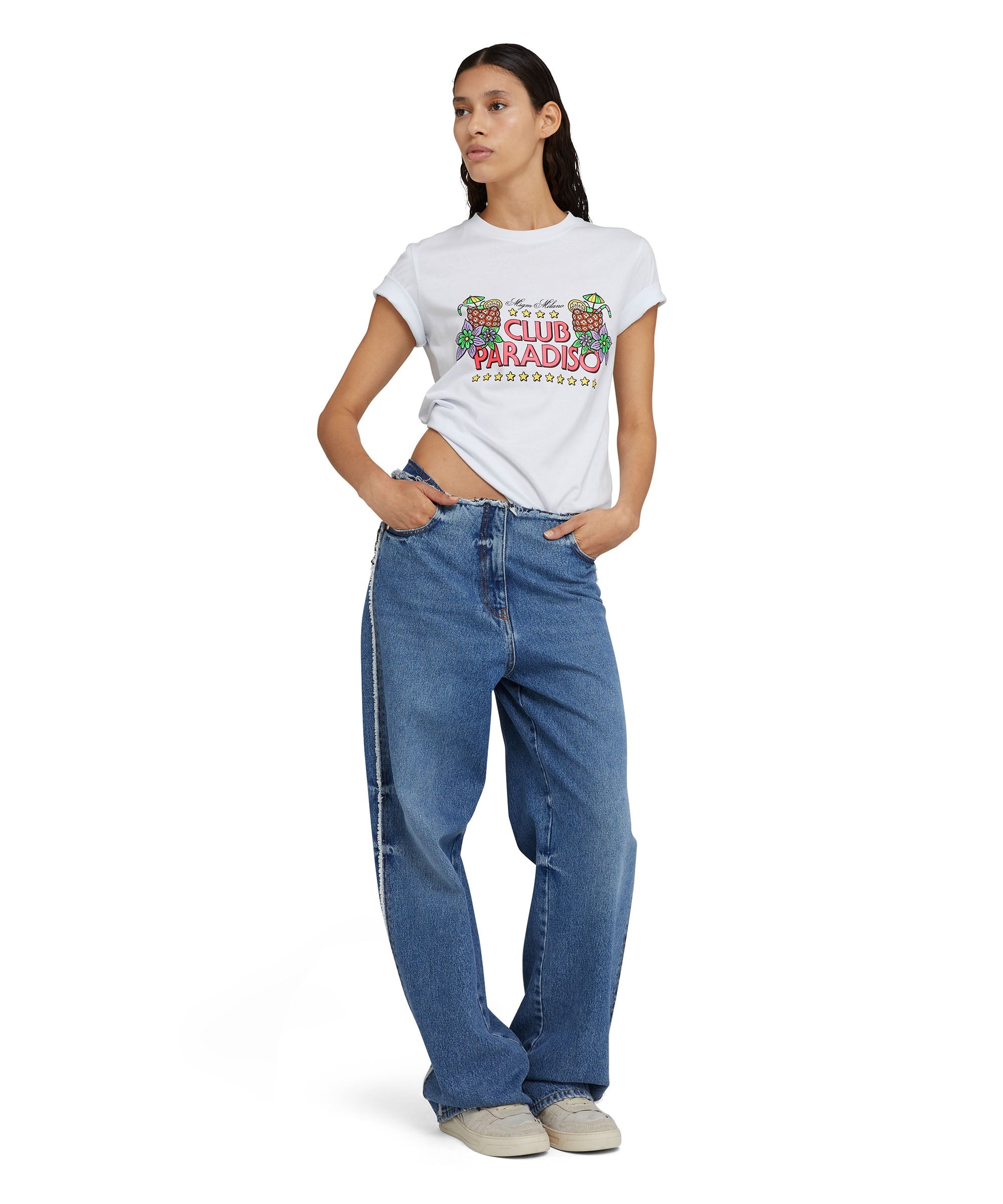Solid color cotton crewneck t-shirt with "club paradiso" graphic - 5