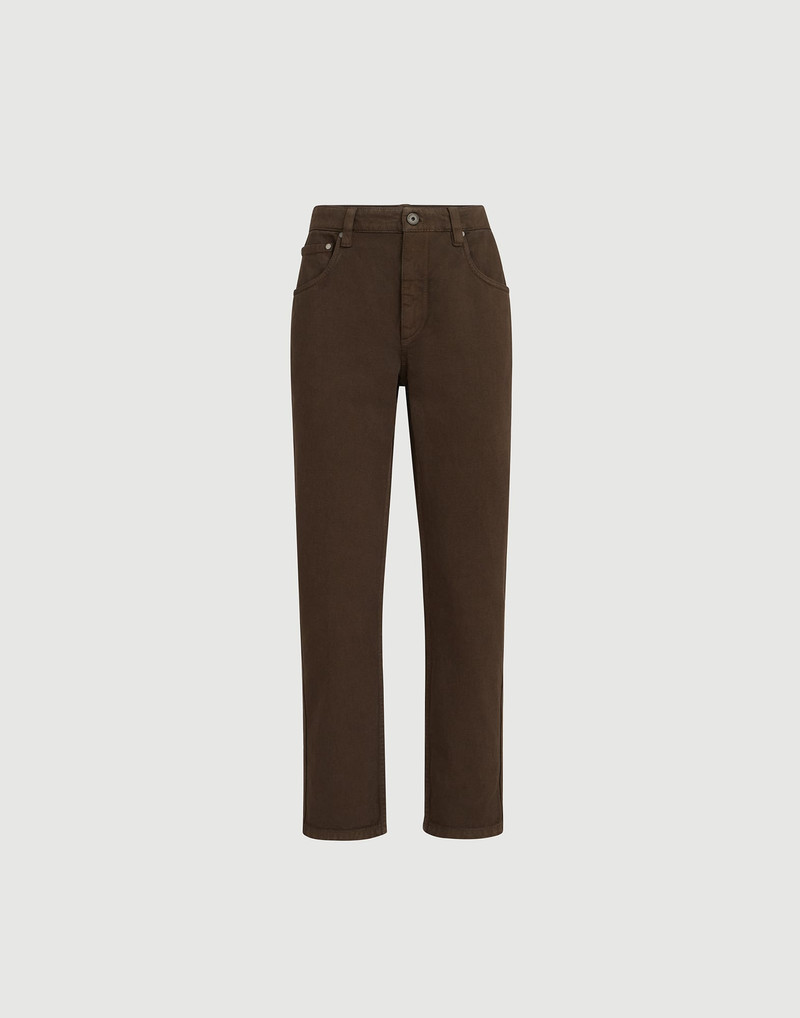 Dyed denim five-pocket straight trousers with shiny bartack 1