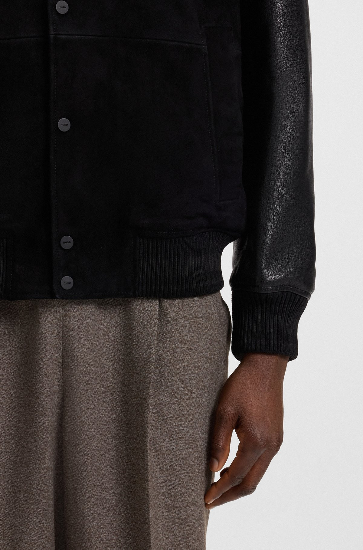 SUEDE BOMBER JACKET WITH GRAINED-LEATHER SLEEVES - 6