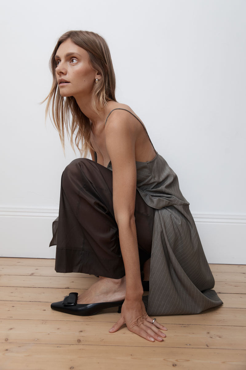 Asymmetric Slip Dress - Khaki Pinstripe - 6