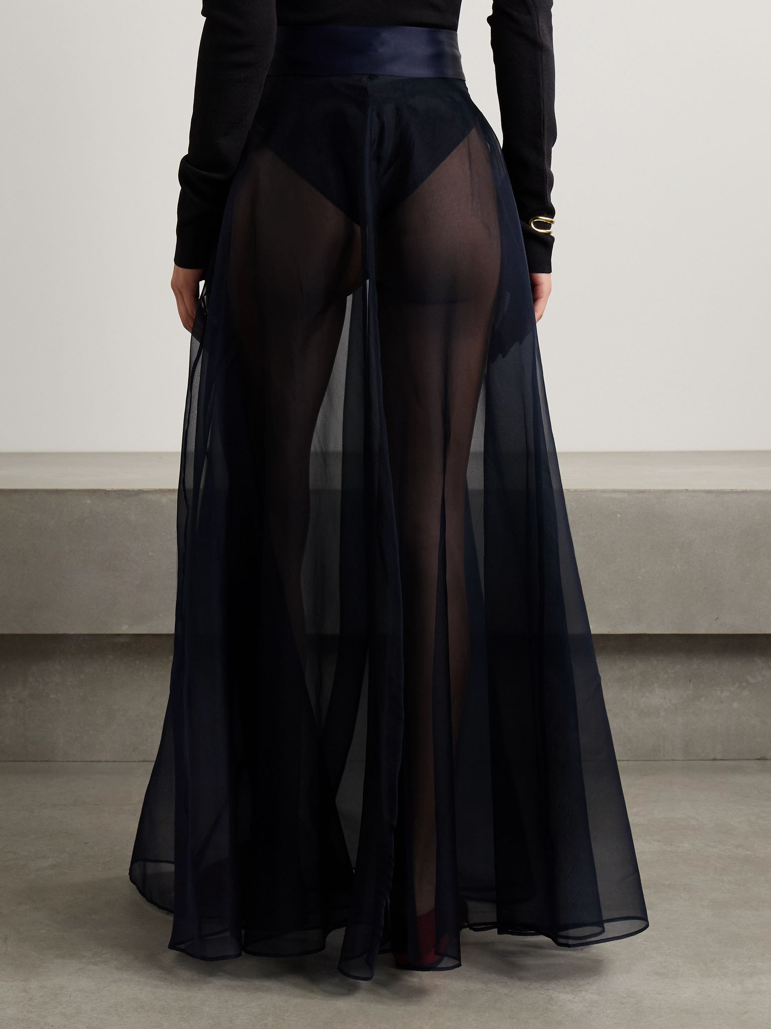 Aire satin-trimmed silk-organza maxi skirt Navy - 3
