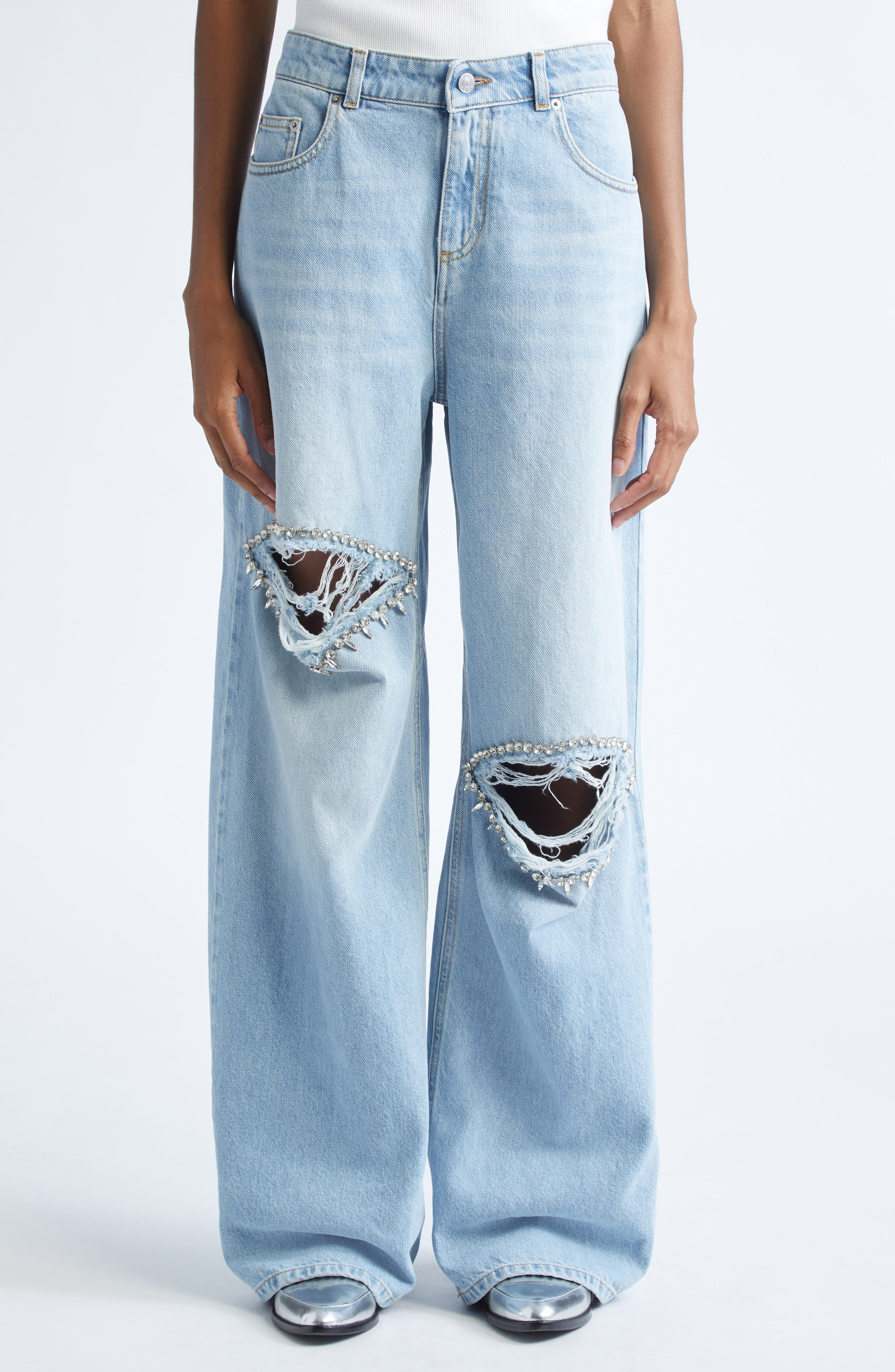Area Distressed Crystal Trim Relaxed Slit Jeans in Medium Blue at Nordstrom - 1