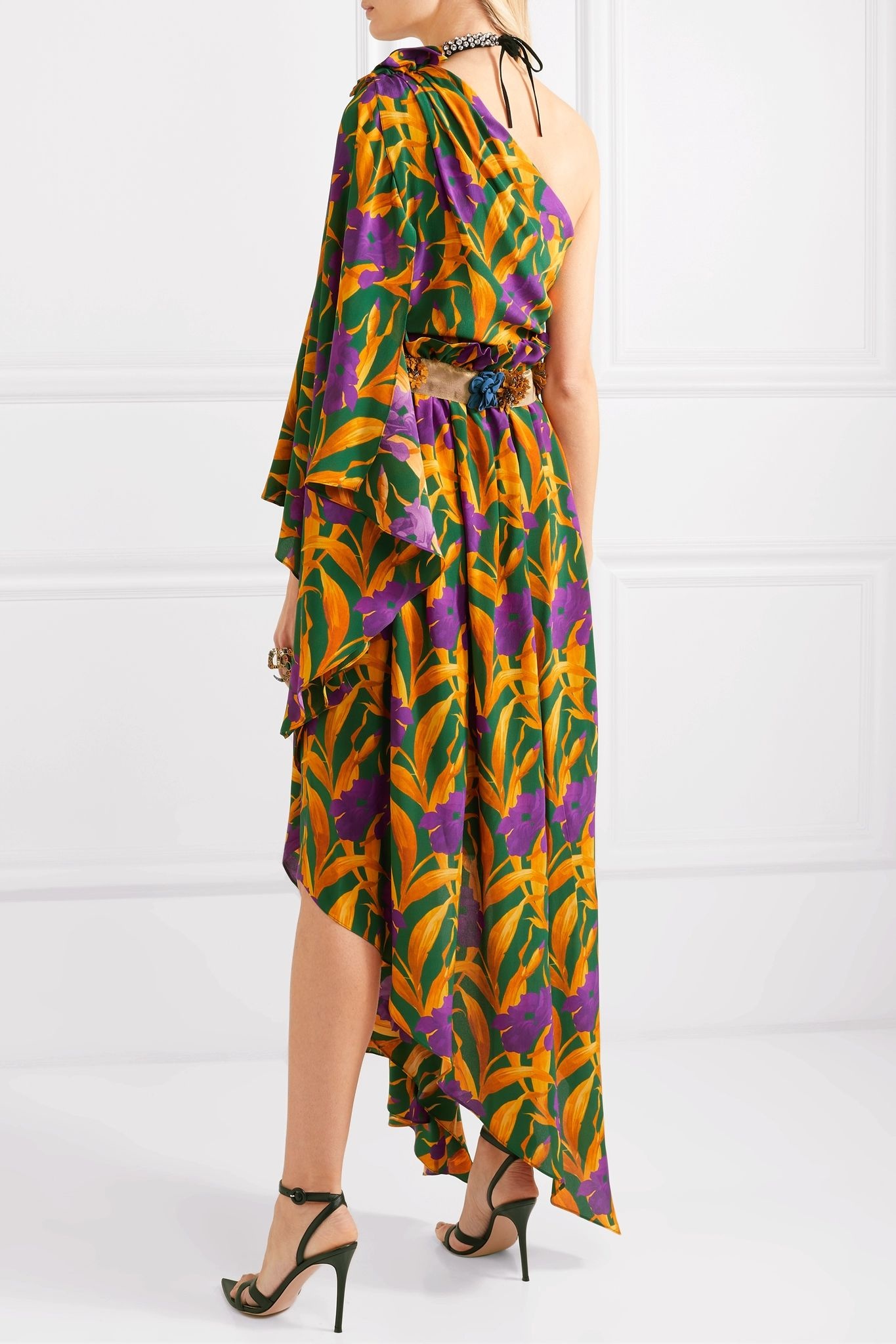 One-shoulder appliquéd printed silk crepe de chine dress - 4