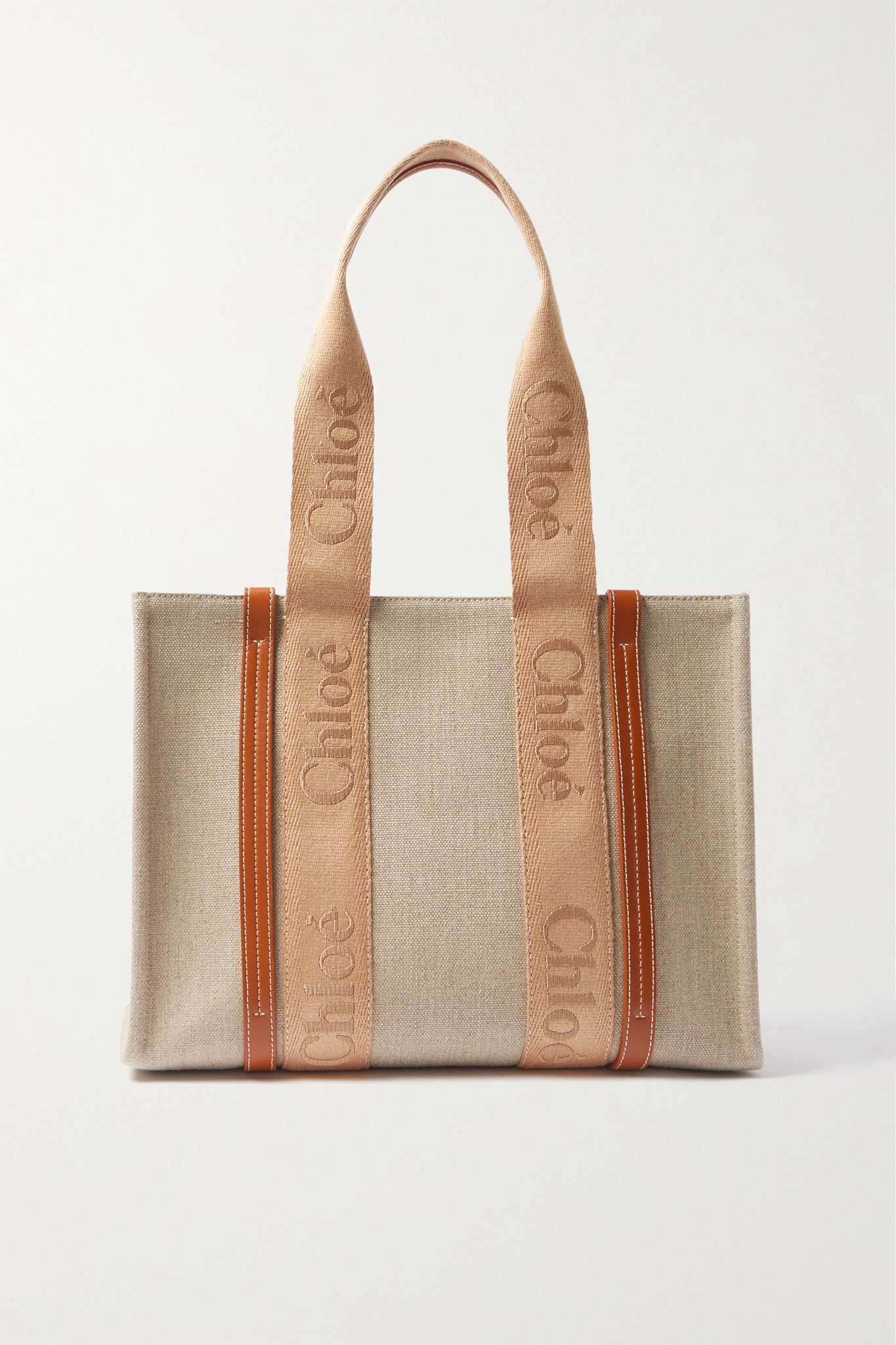Woody medium leather and webbing-trimmed linen tote - 1