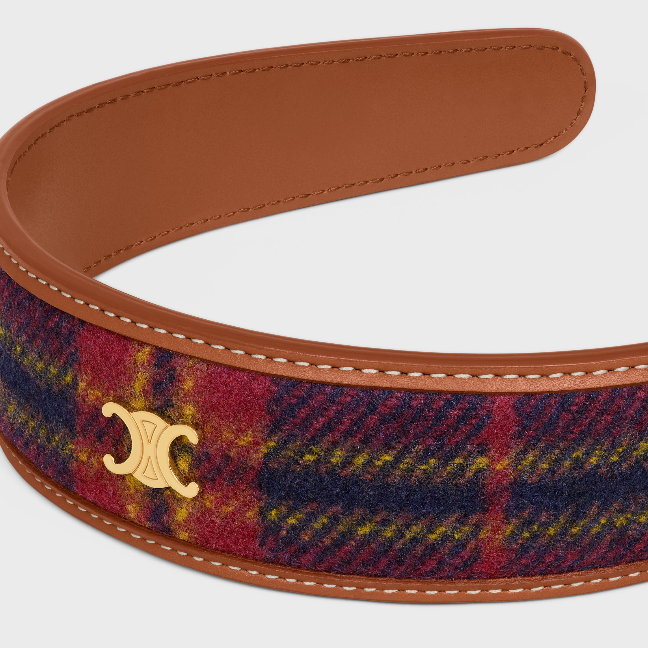 Celine Tartan Headband in Calfskin, Wool and Brass with Gold Finish - 3