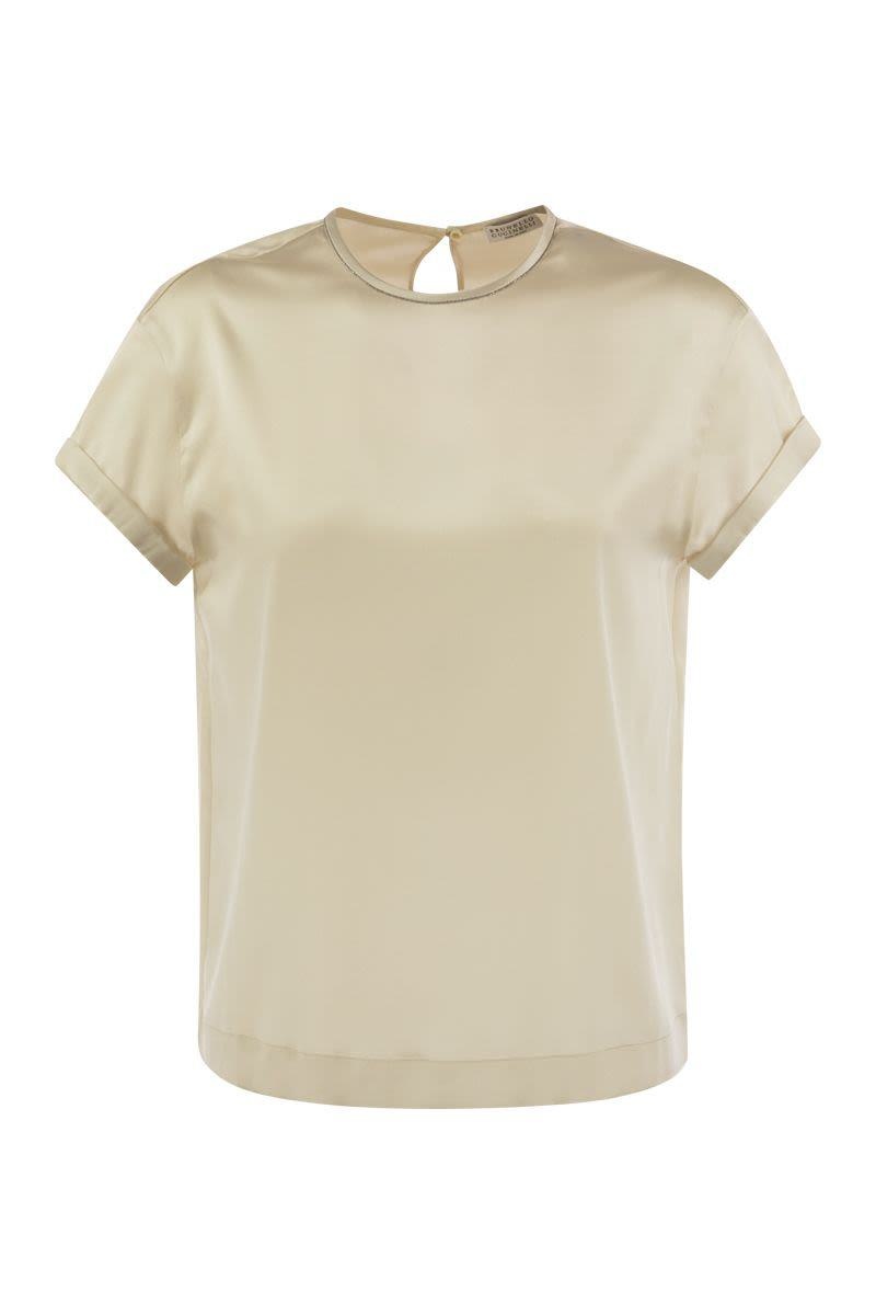 Brunello Cucinelli BRUNELLO CUCINELLI STRETCH SILK SATIN T-SHIRT WITH NECKLACE - 1