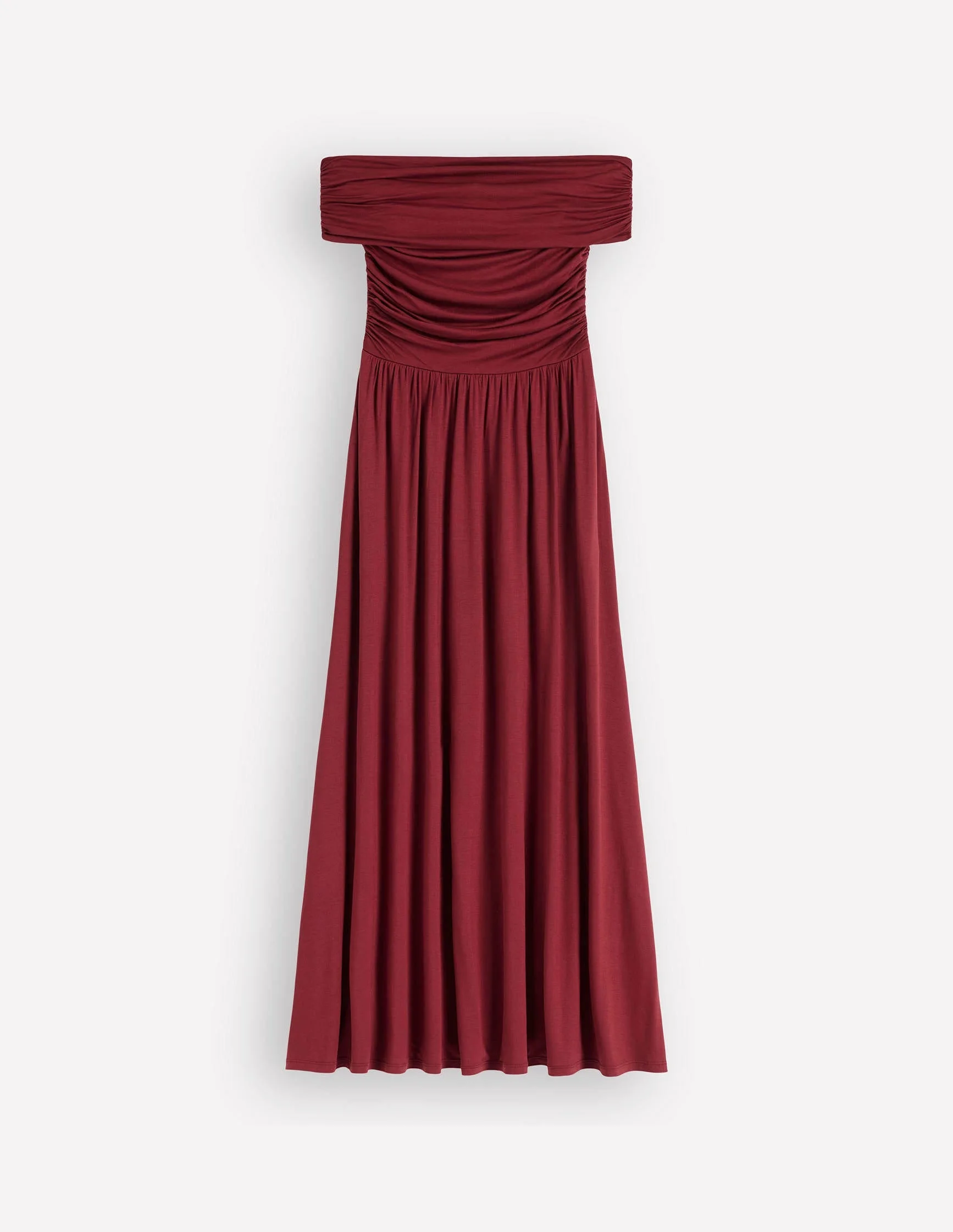 Ruched Bardot Jersey Dress-Burgundy - 1