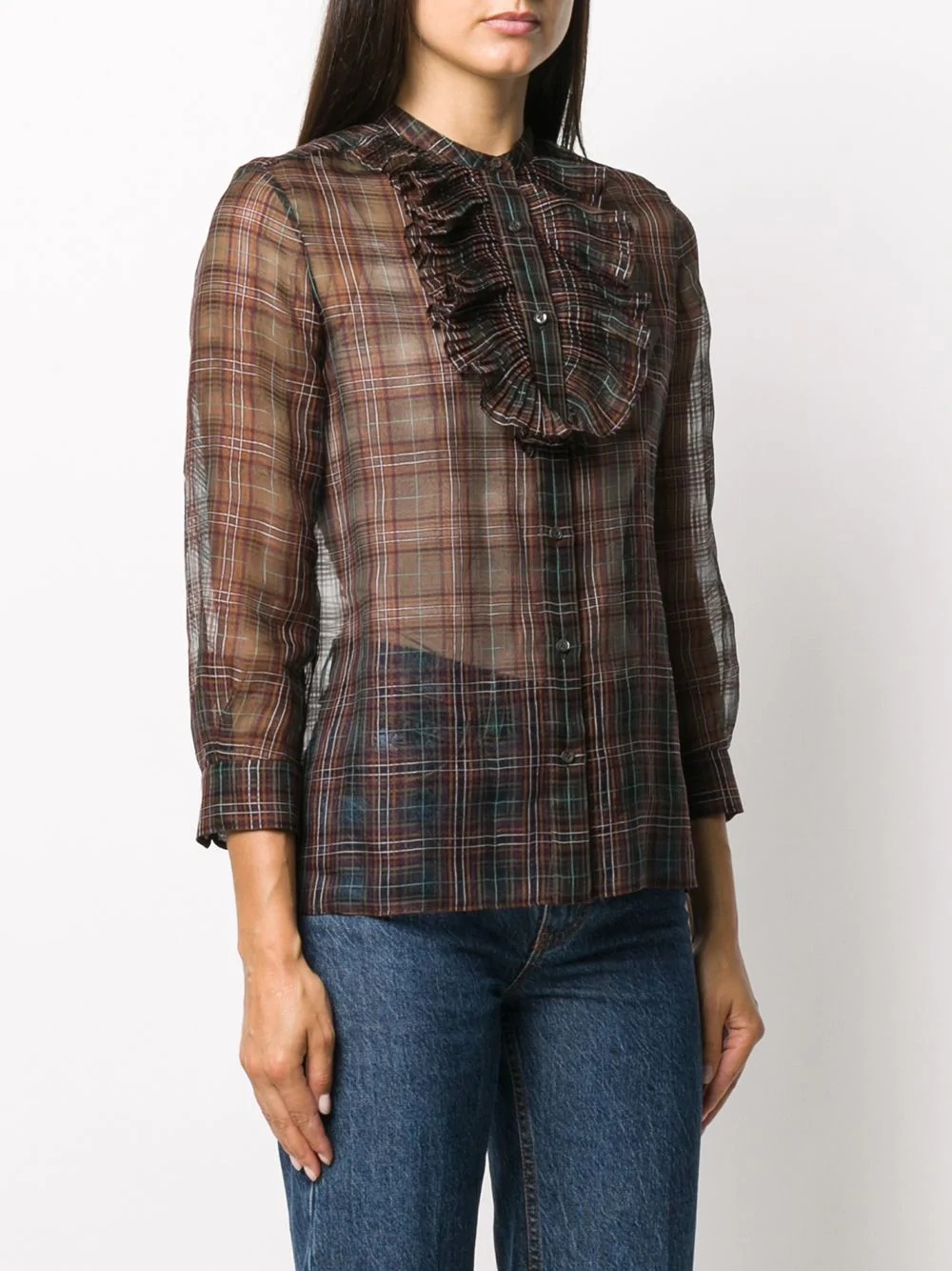 plaid-check ruffled blouse - 3