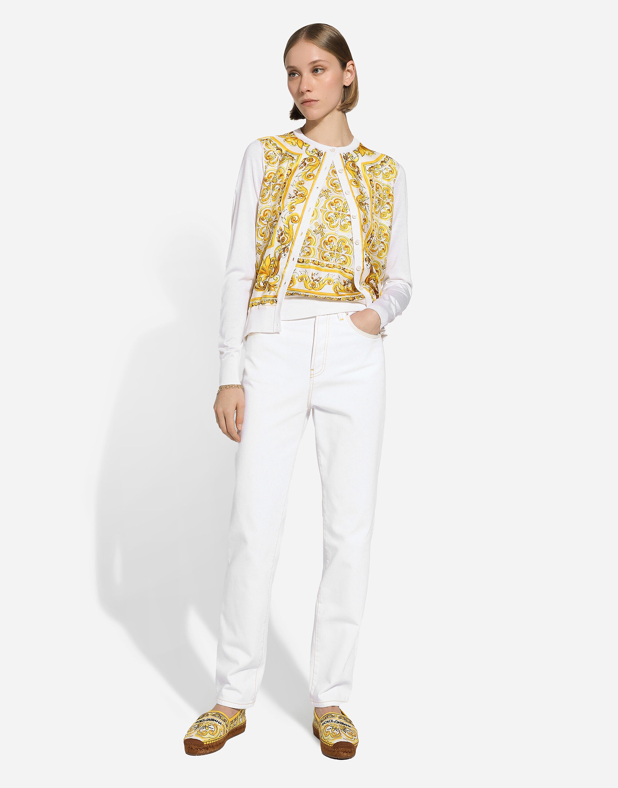 Sleeveless silk sweater with majolica-print silk twill panel on the front - 9