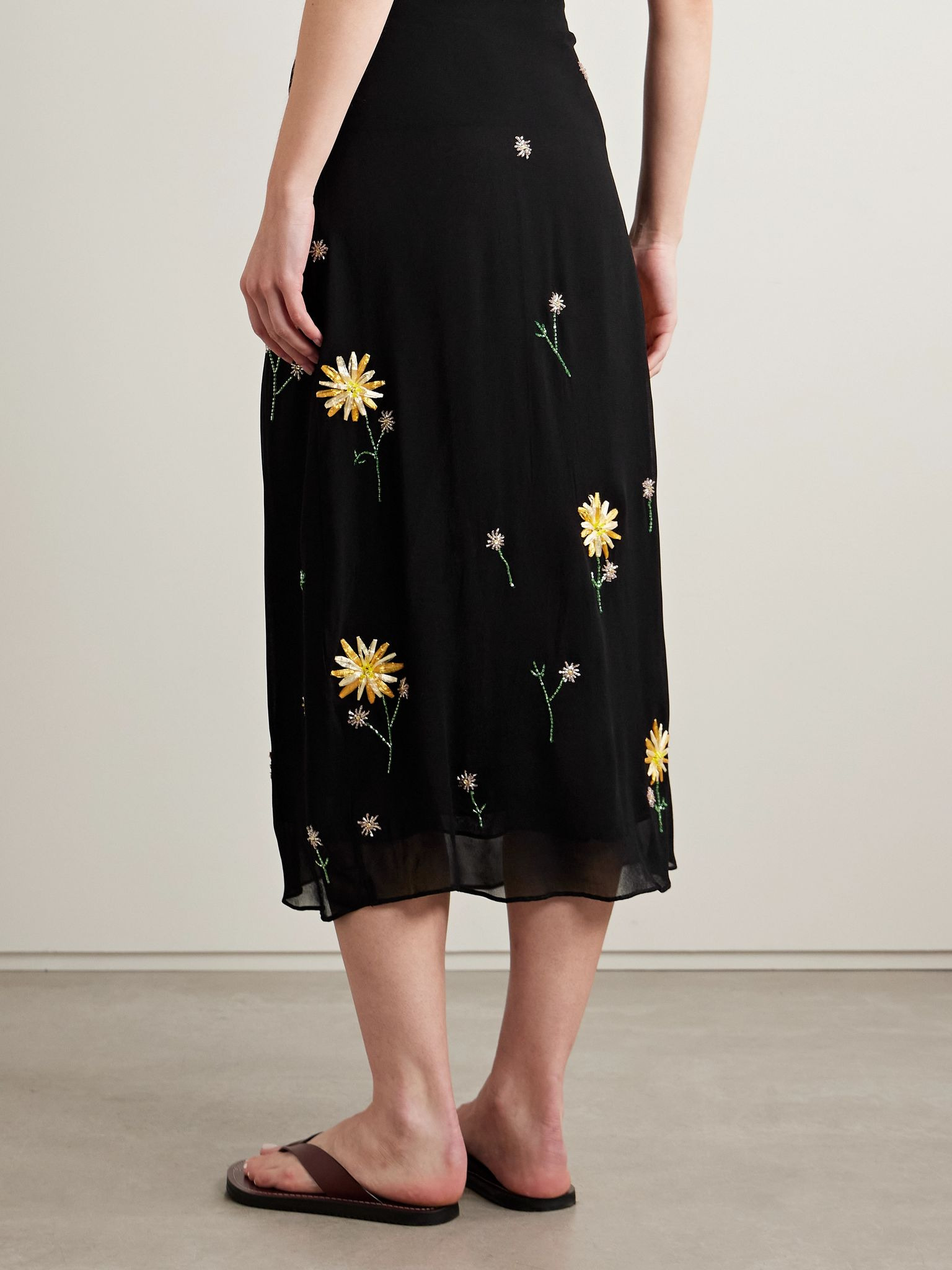 Angela bead-embellished crepe de chine midi skirt Black - 3