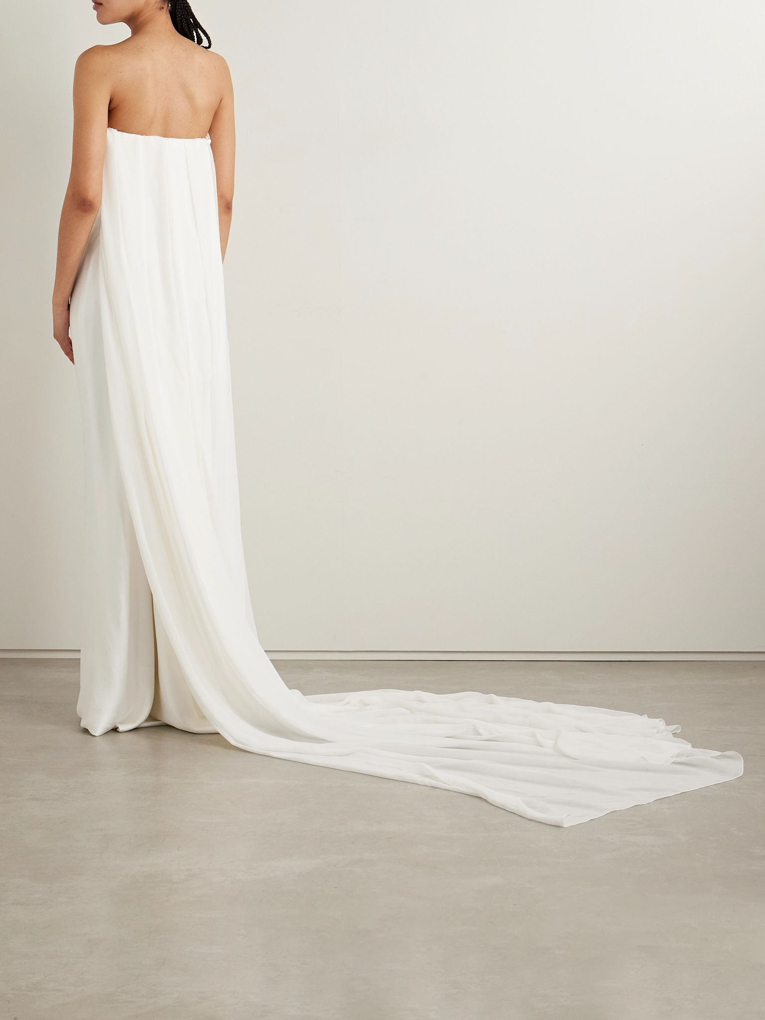 Galaxy cape-effect strapless organic silk chiffon-trimmed satin gown Off-white - 4