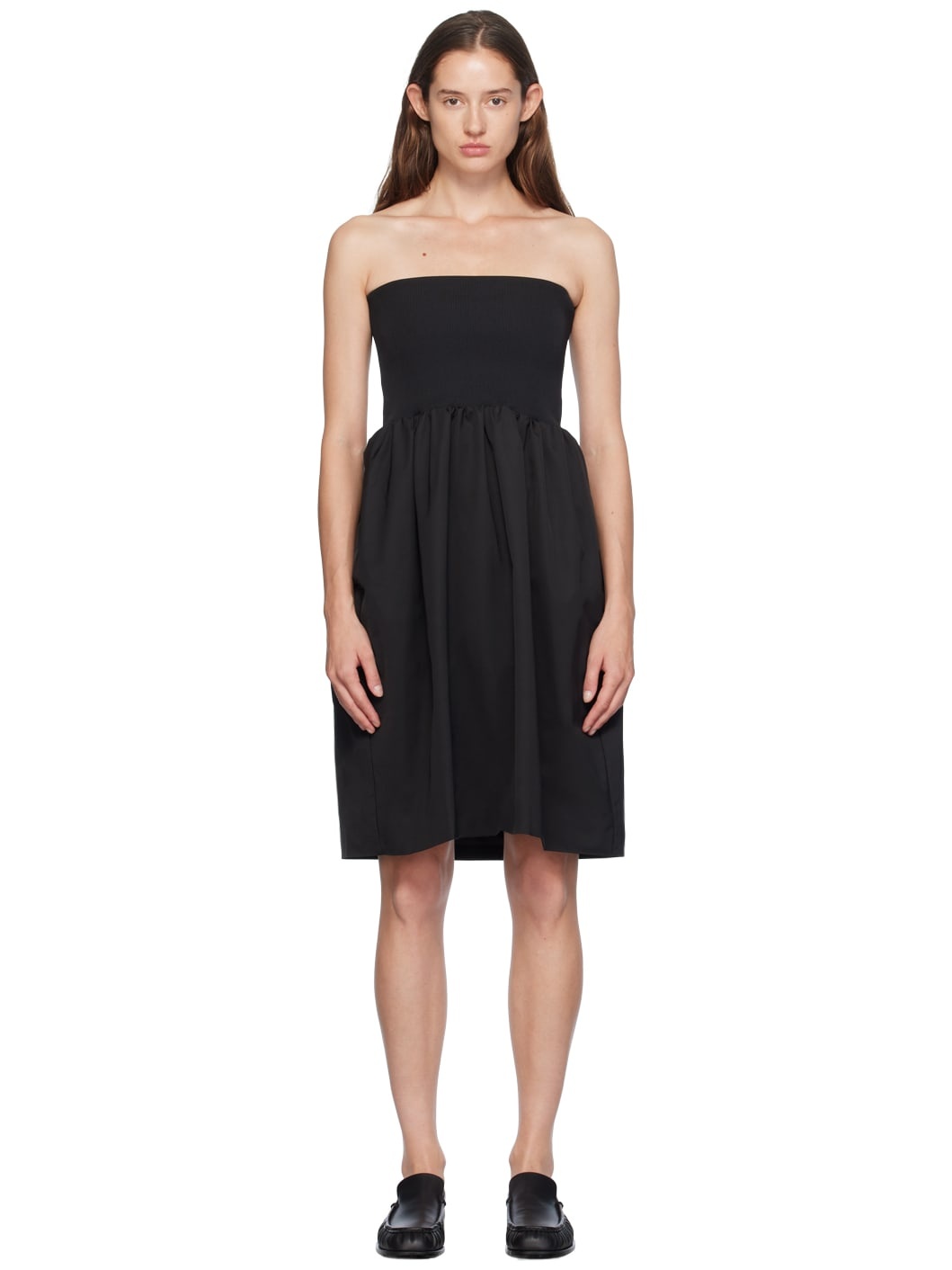 Black Shirring Flare Midi Skirt - 1