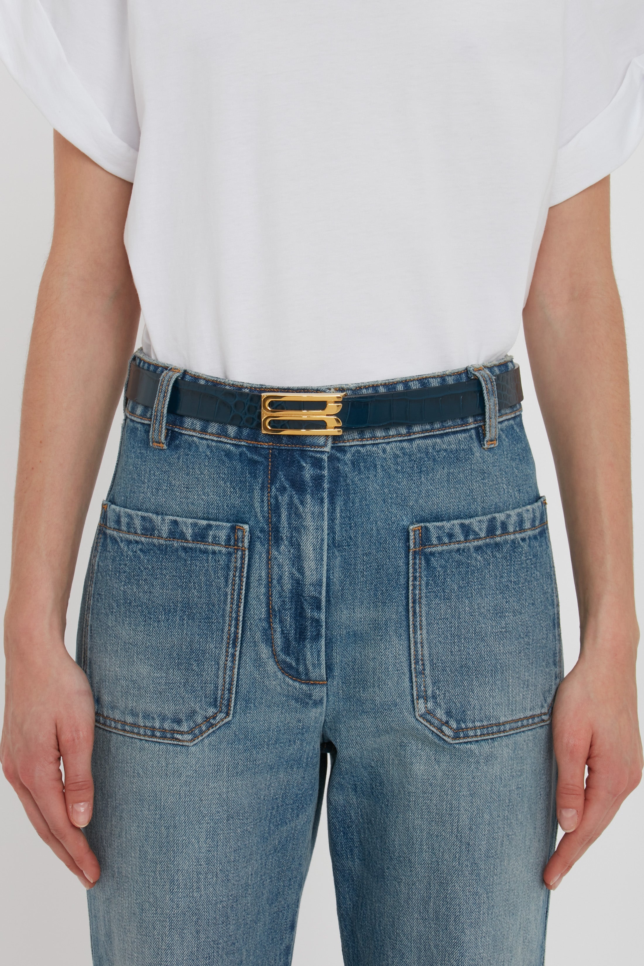 Frame Belt In Midnight Blue Croc Embossed Calf Leather - 4