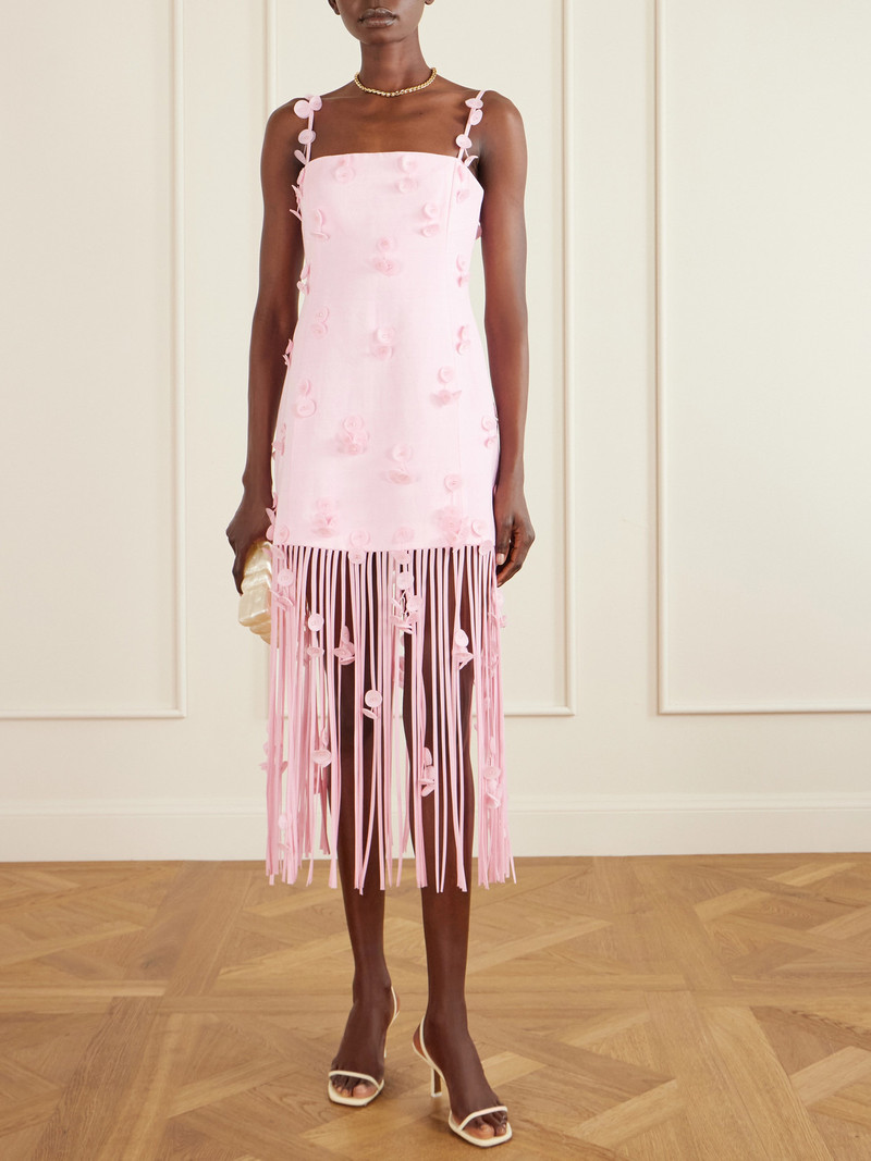 SIMKHAI Juliana Embellished Fringed Linen-blend Midi Dress outlook