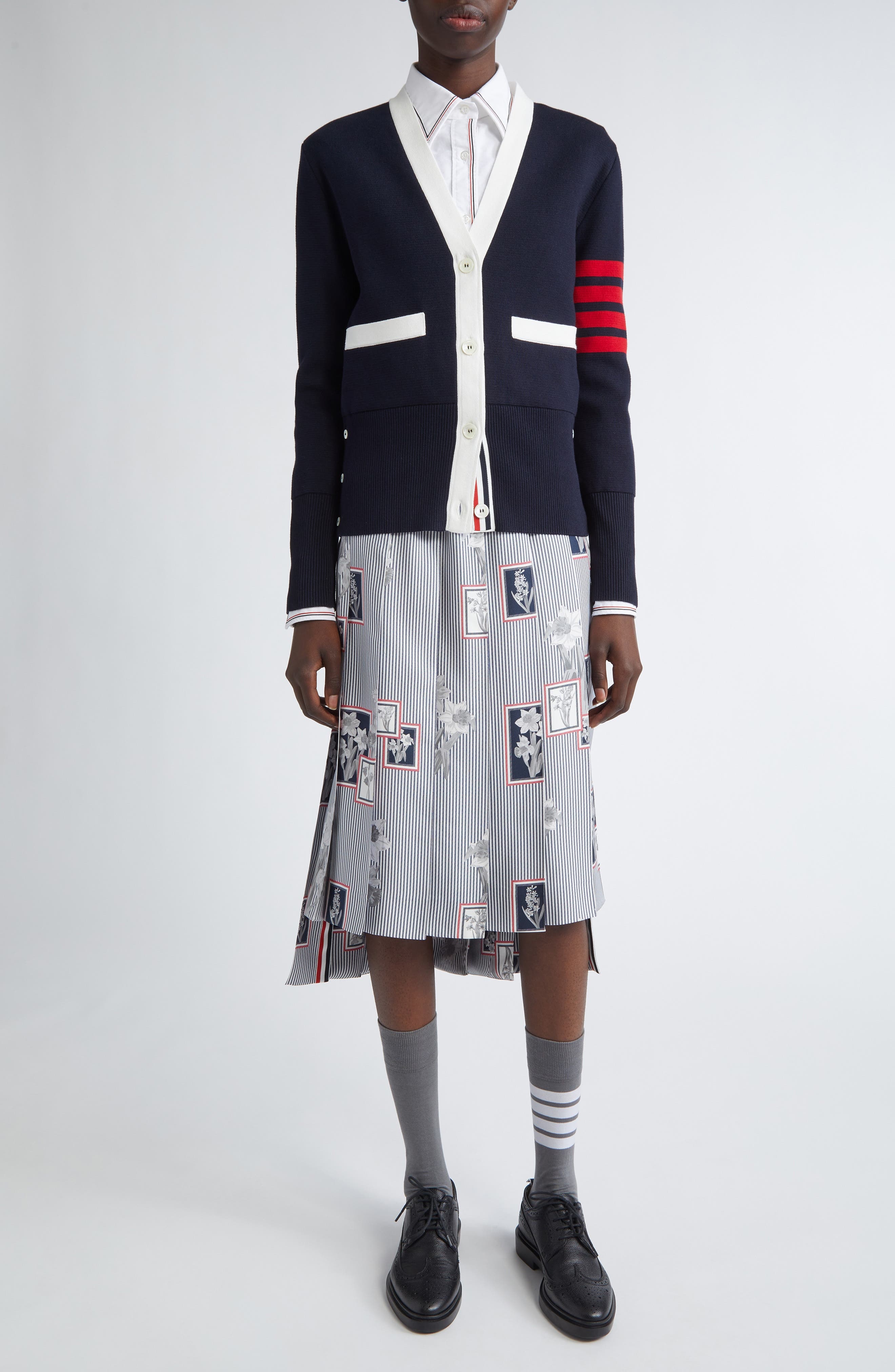 Thom Browne 4-Bar Contrast Trim Cotton Cardigan in Navy at Nordstrom - 2