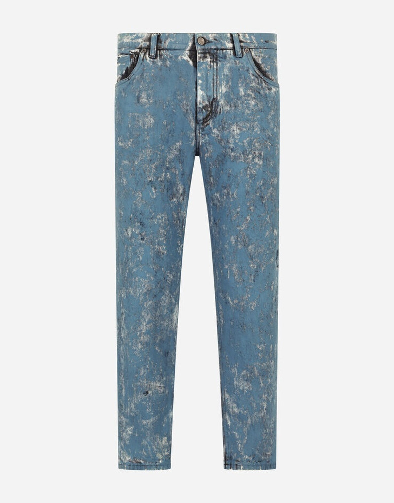 Loose blue jeans with marbled print 1