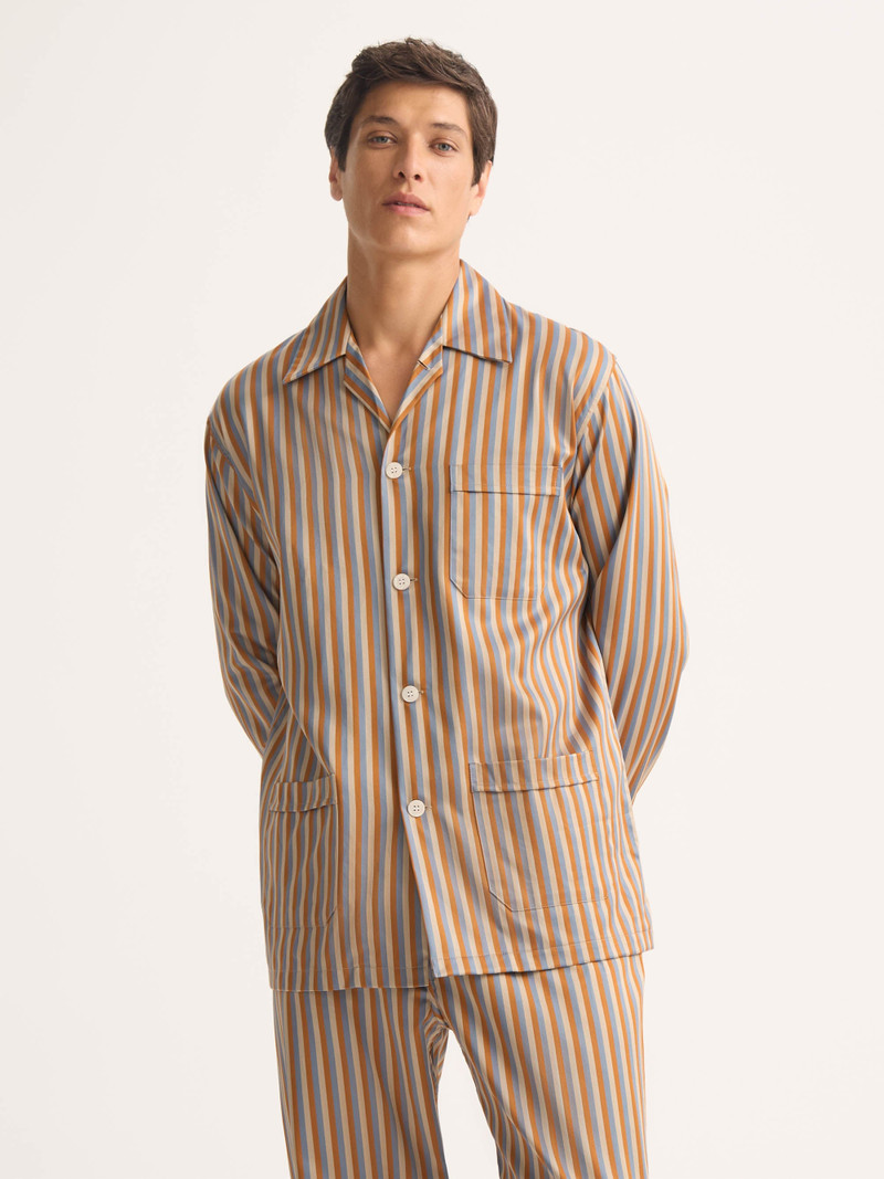 Men's Classic Fit Pajamas Wellington Cotton Brown and Blue Multicolor Stripe - 1