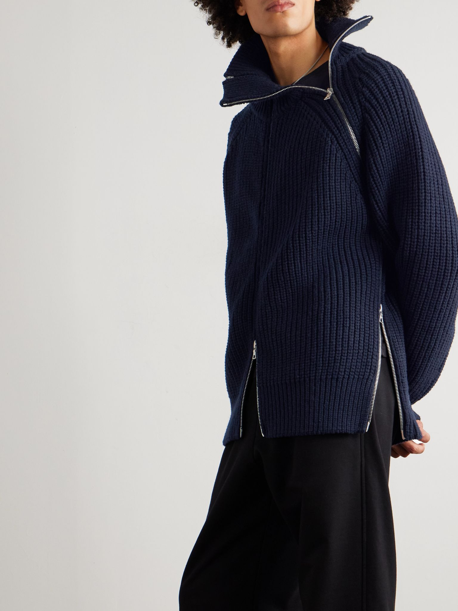 Ribbed Wool Zip-Up Sweater Black - 5