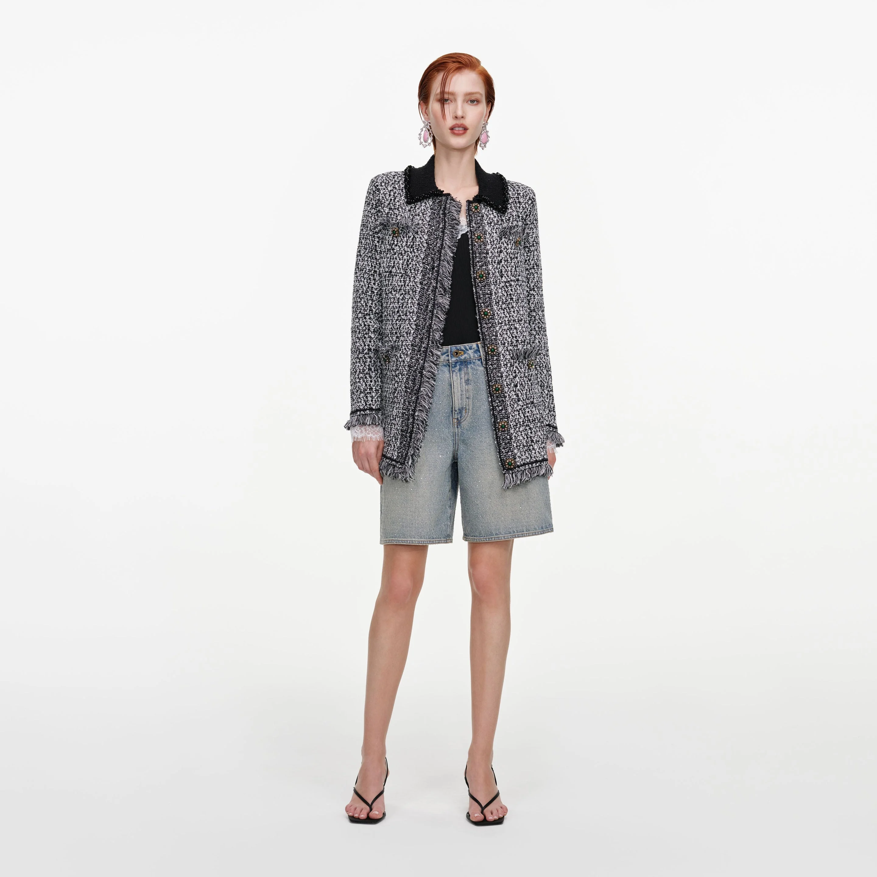 Black And White Textured Knit Cardigan - 1