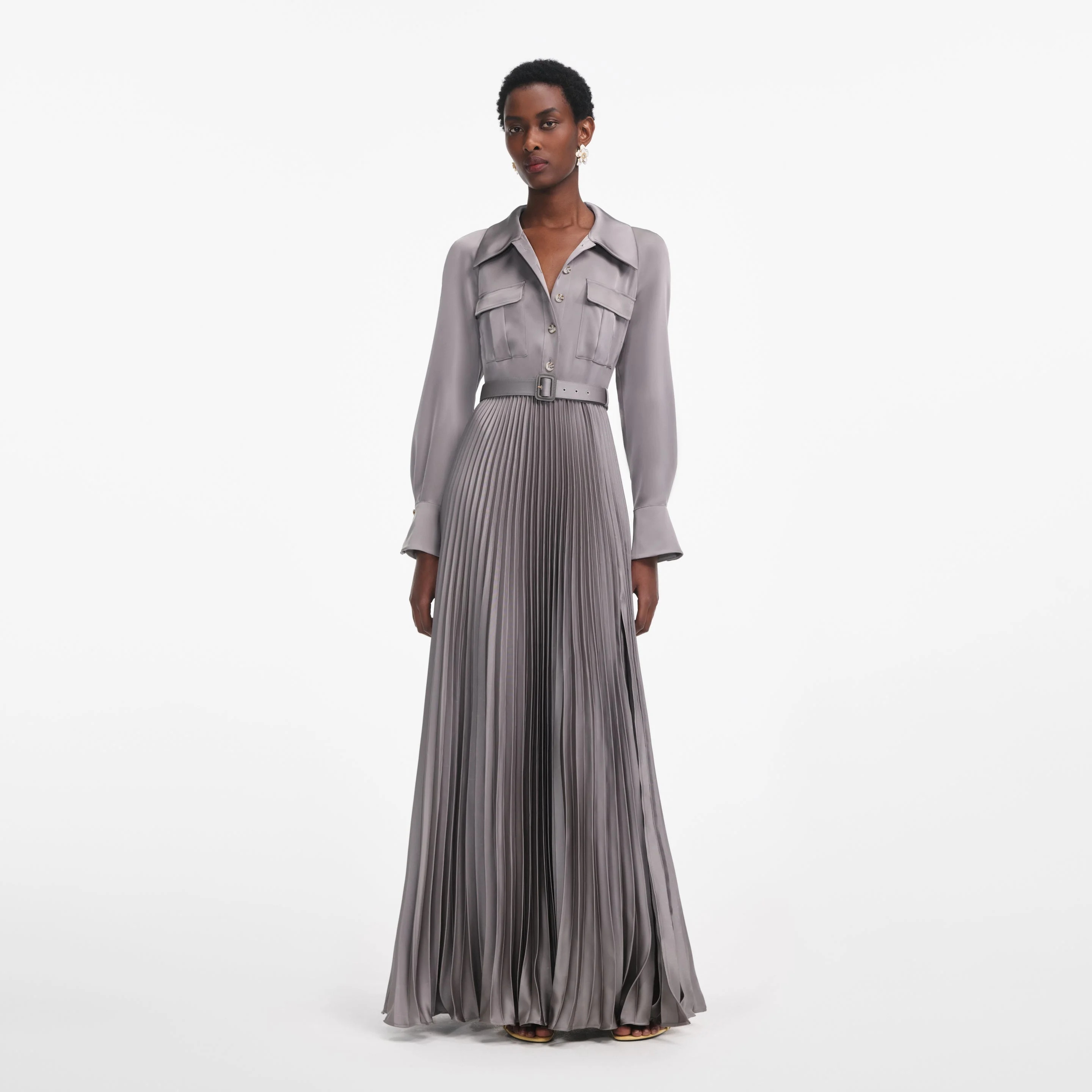 Grey Satin Pleated Maxi Dress - 1