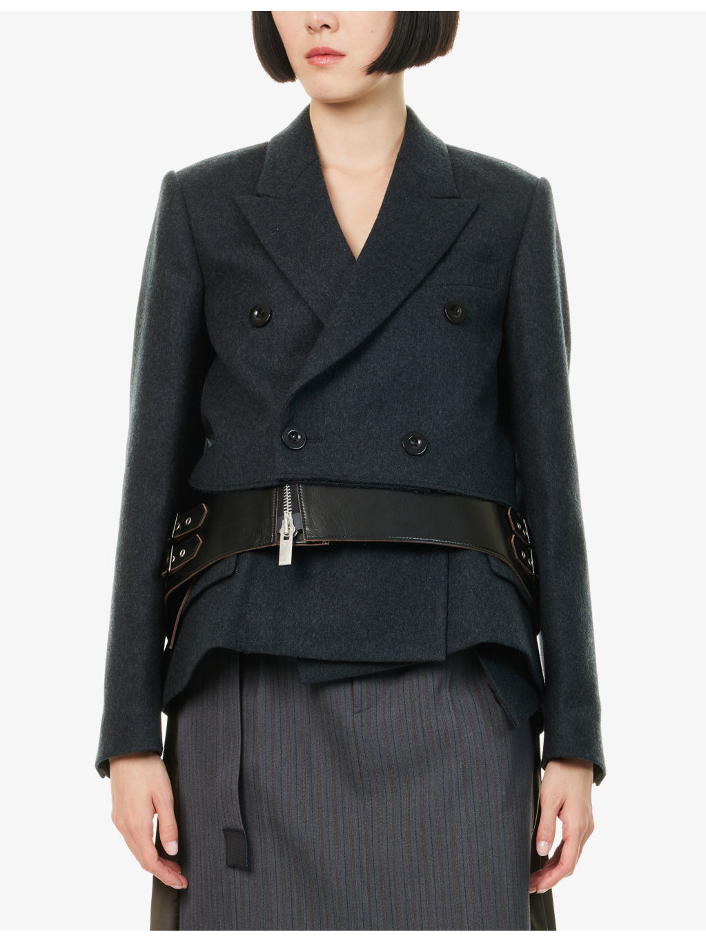Leather-Panels Asymmetric Wool Jacket - 3