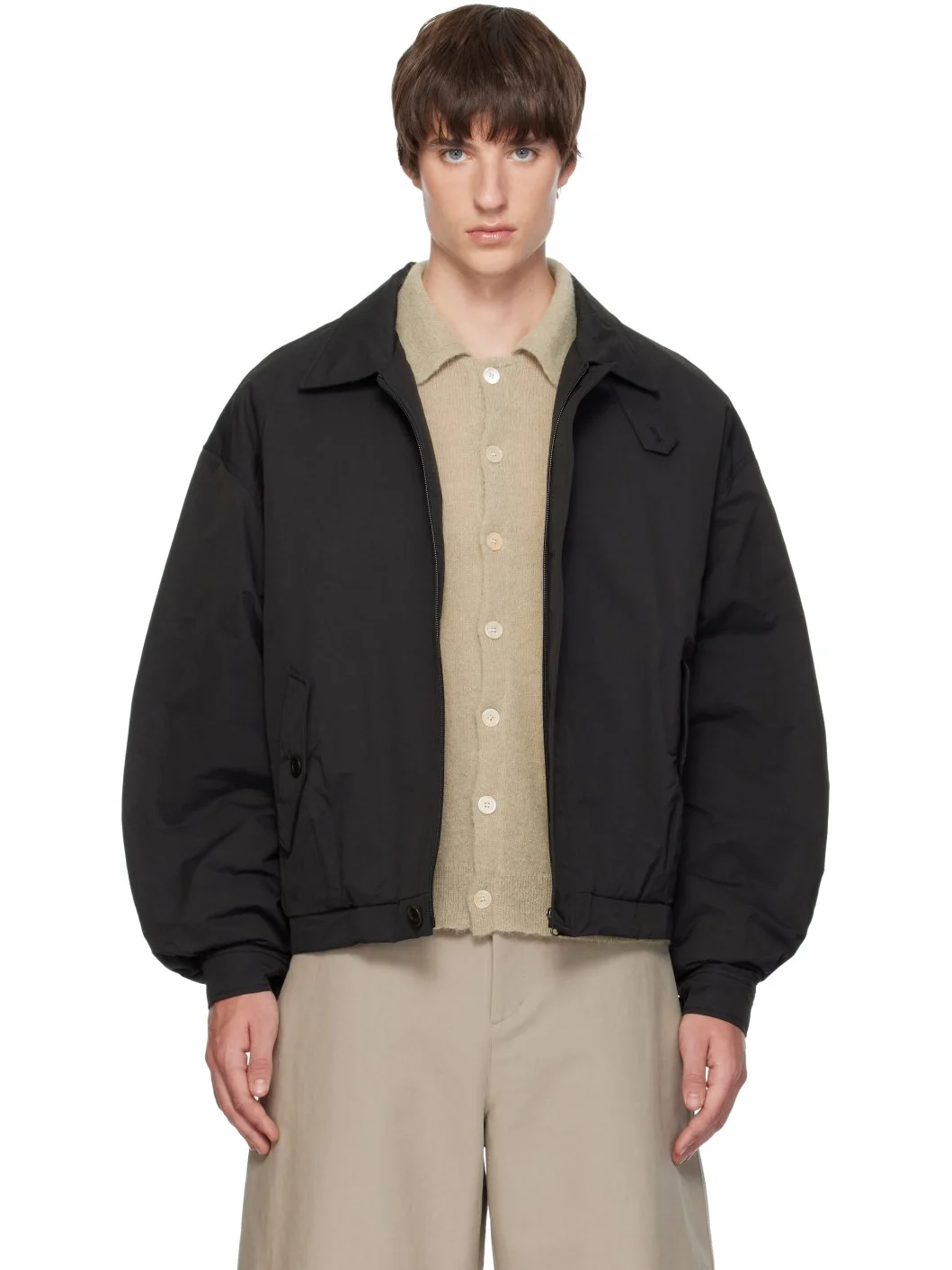 Black Padded Cotton Nylon Bomber Jacket - 1
