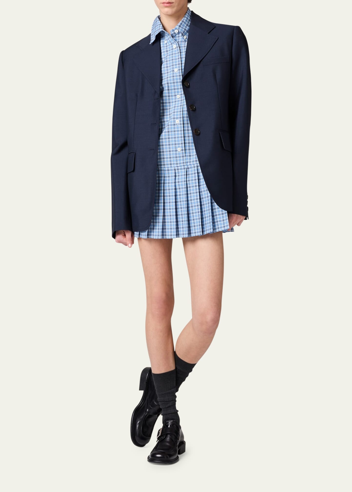 Check Short-Sleeve Pleated Mini Shirtdress - 2
