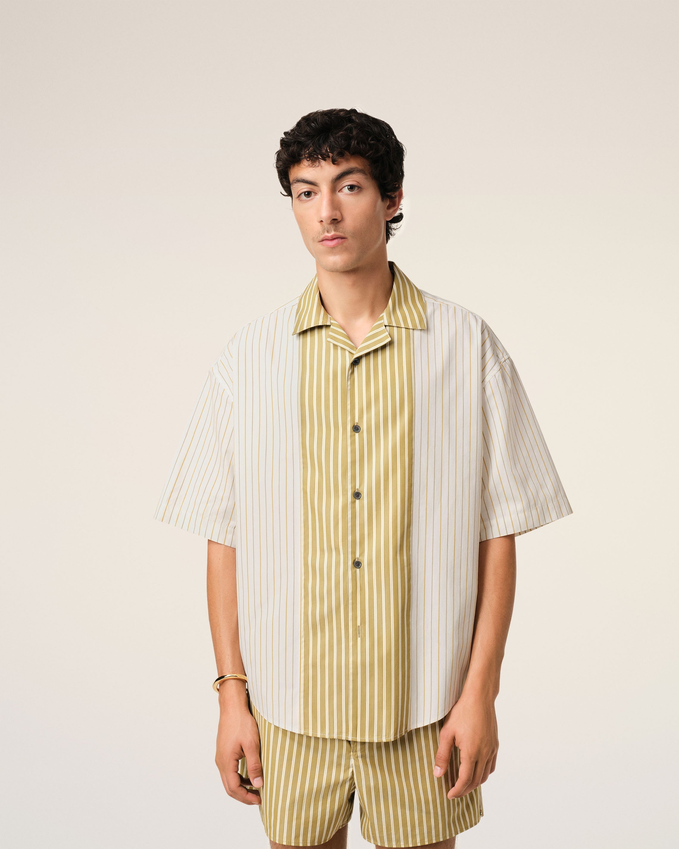 WHITE AND KHAKI COTTON SHORT SLEEVE BOXY SHIRT - 3
