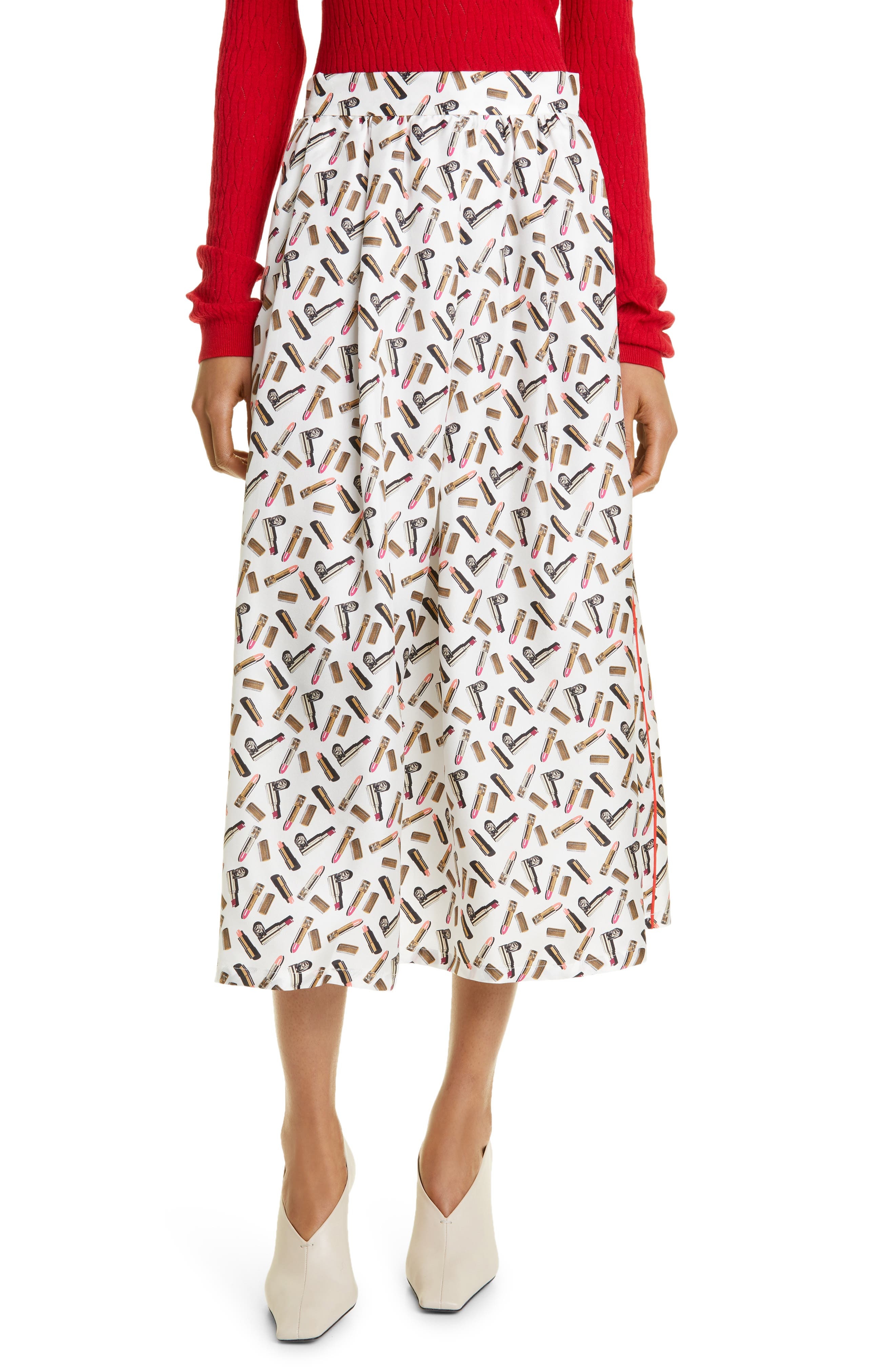 Max Mara Rotondo Lipstick Print Silk Skirt in White Black at Nordstrom, Size 4 - 1