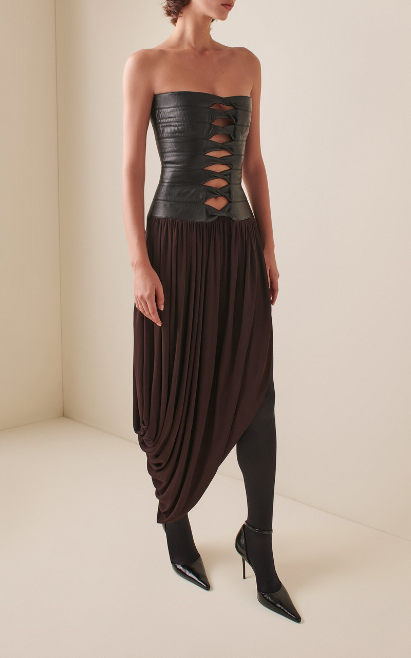Alaïa Leather Bustier Draped Midi Dress multi outlook