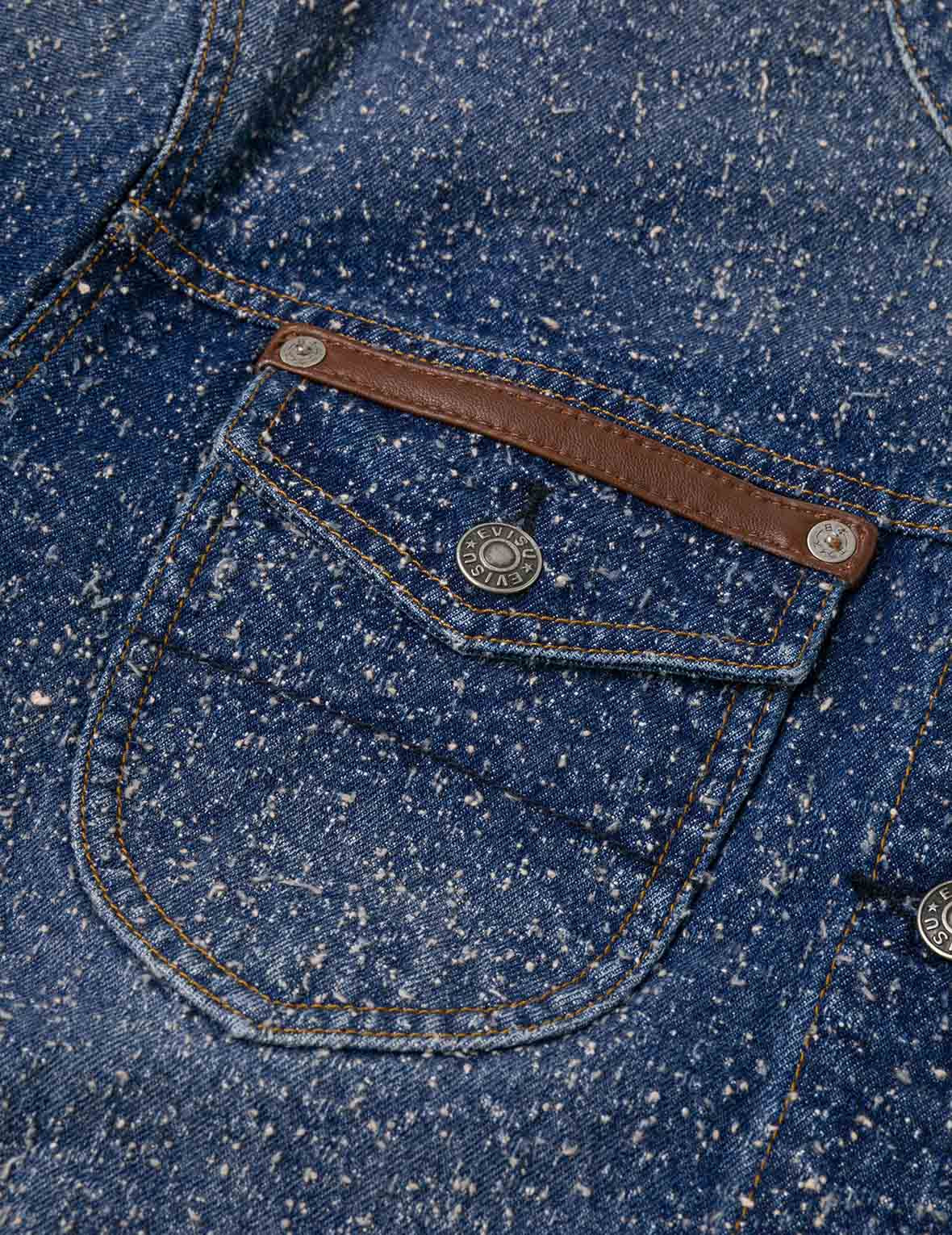 Leather Trim Fashion Fit Collarless Denim Jacket - 5
