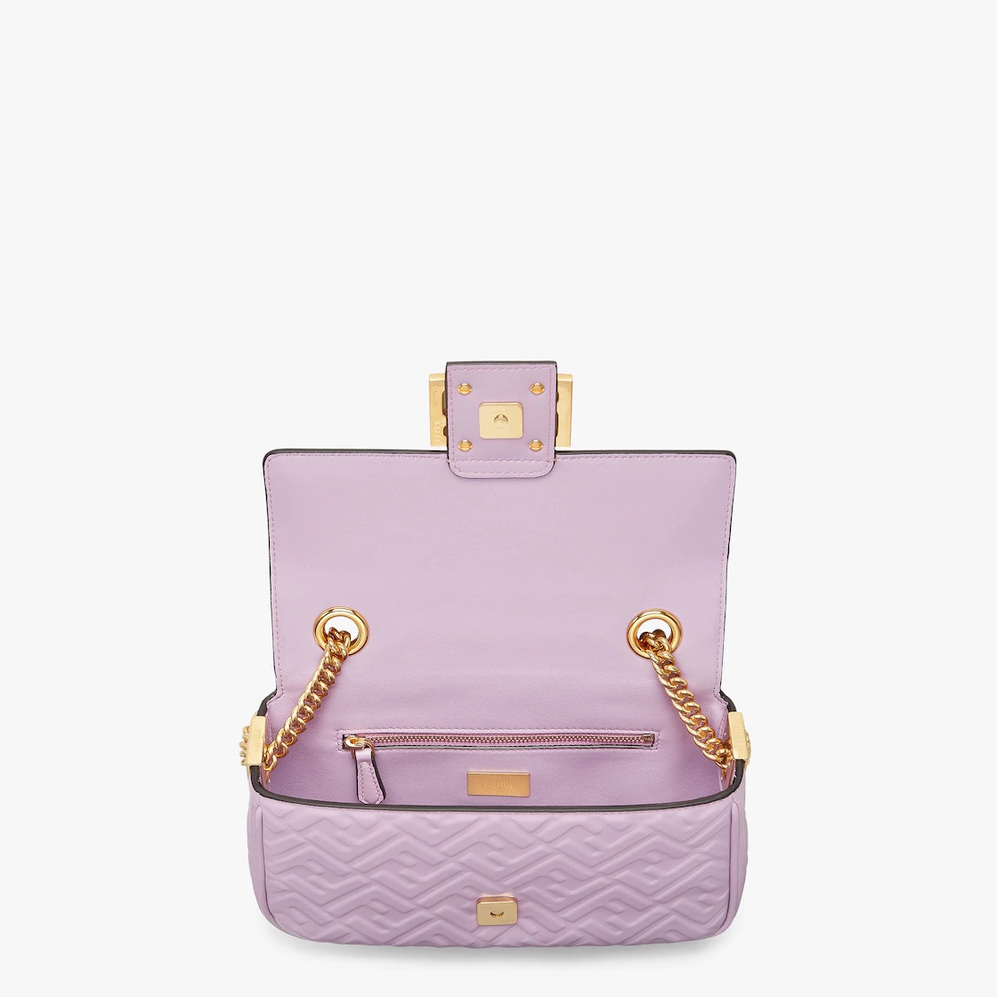 Medium Baguette bag with chain made of lilac soft nappa leather with a 3D texture FF motif. Decorate - 4