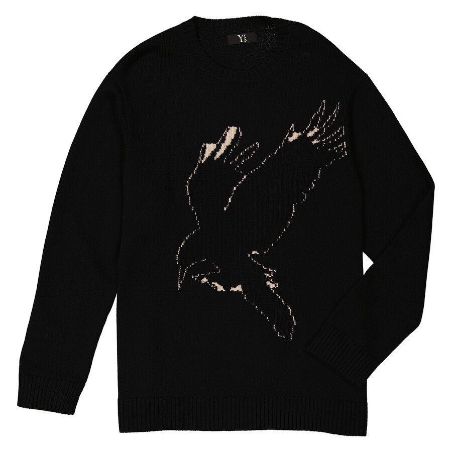 Ys Black Wool Crow Motif Long-Sleeved Pullover, Brand Size 2 (Medium) - 5
