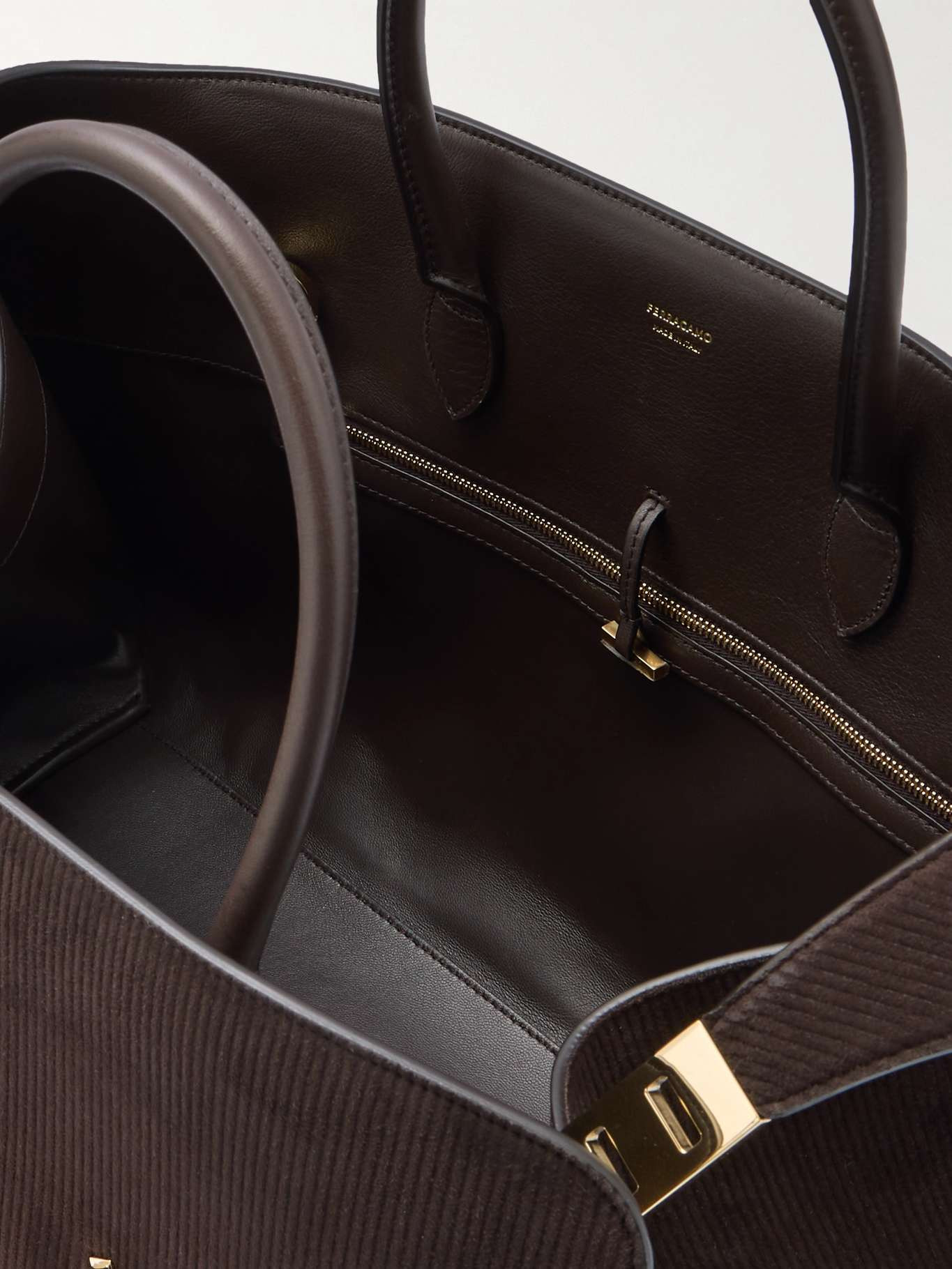 Hug medium leather-trimmed ribbed-suede tote Brown - 5