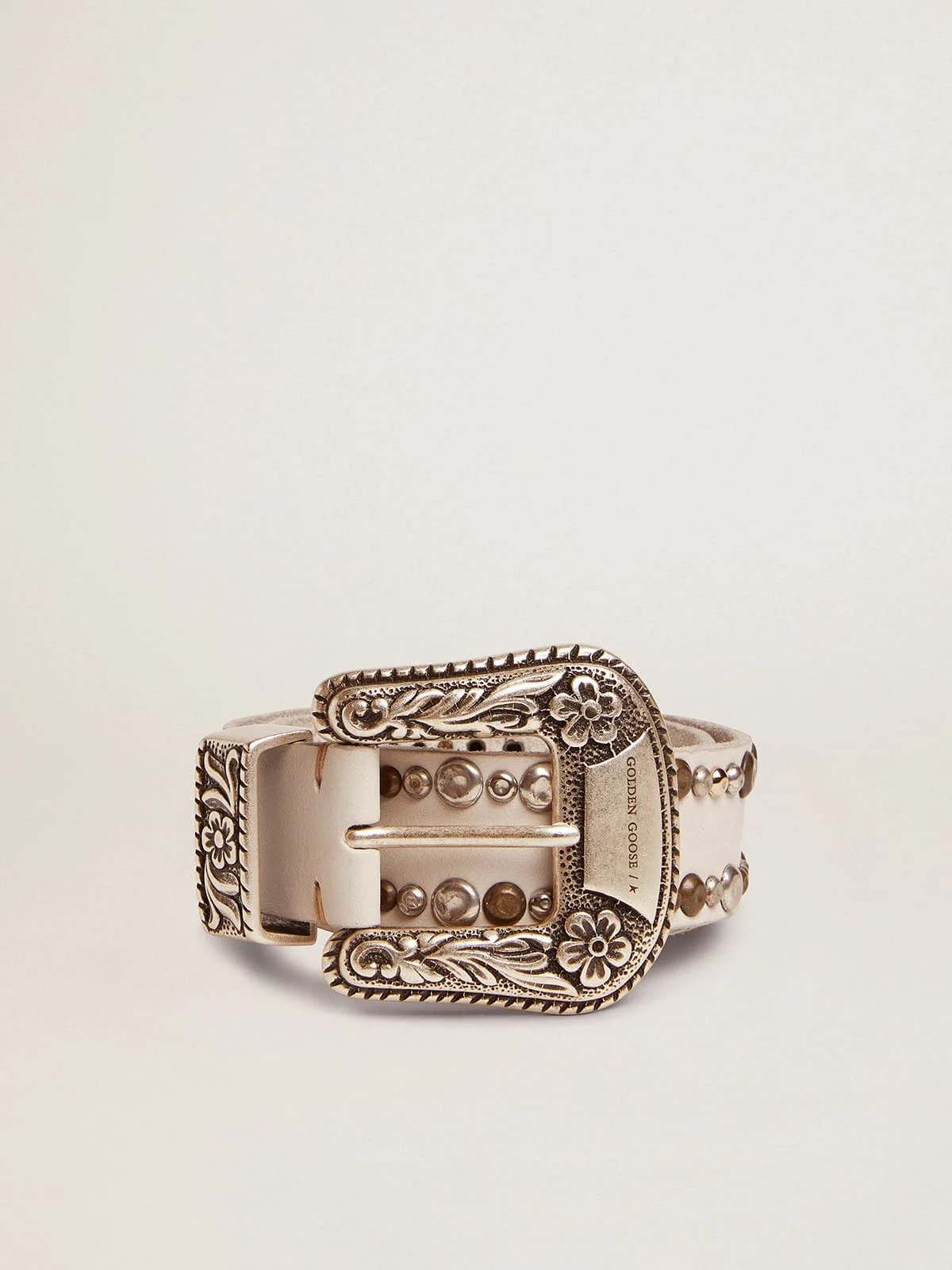 Women's belt in white leather with colored studs - 1