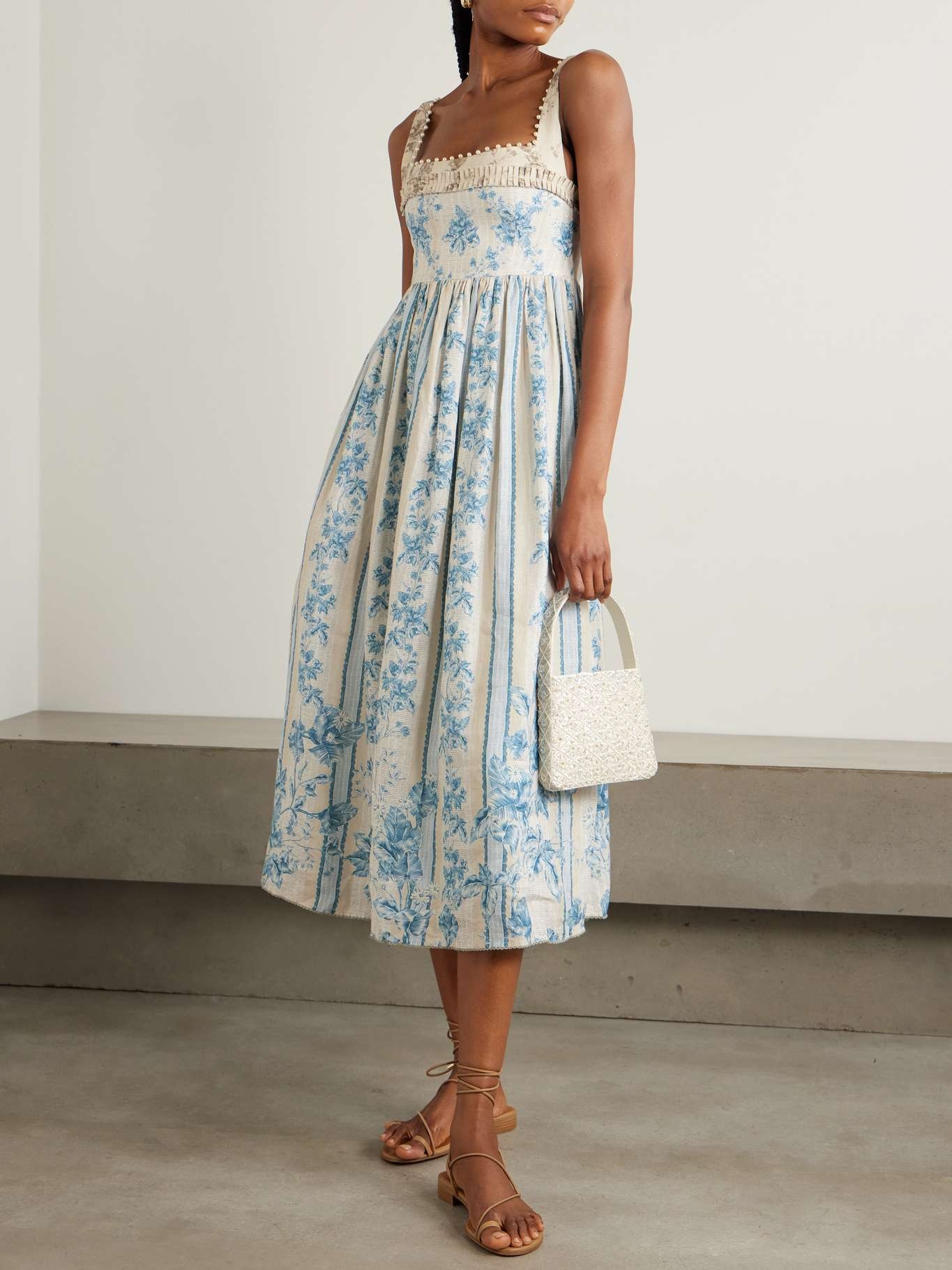 Barbara Bougainvillea embellished printed linen midi dress Blue - 2