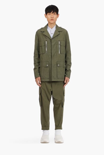 Khaki cotton jacket with embossed Balmain logo - 4