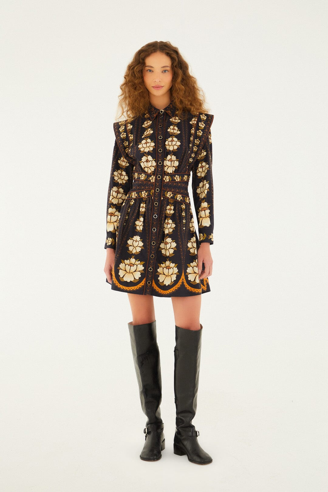 Black Embroidered Flowers Long Sleeve Organic Cotton Mini Dress - 2
