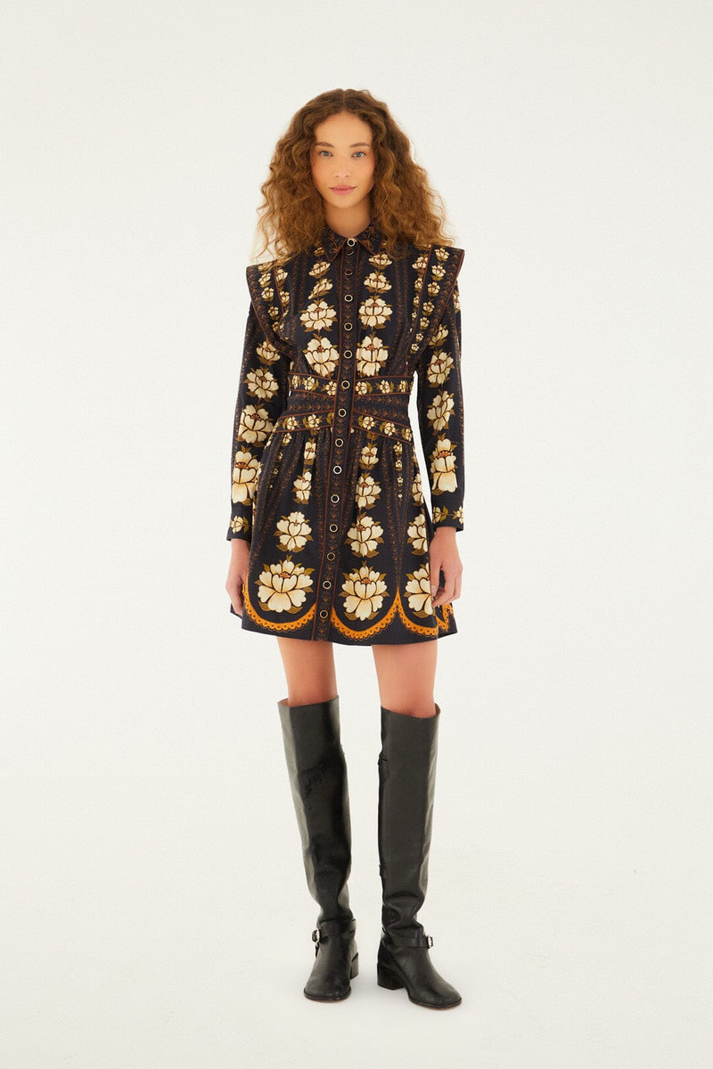 FARM RIO Black Embroidered Flowers Long Sleeve Organic Cotton Mini Dress outlook
