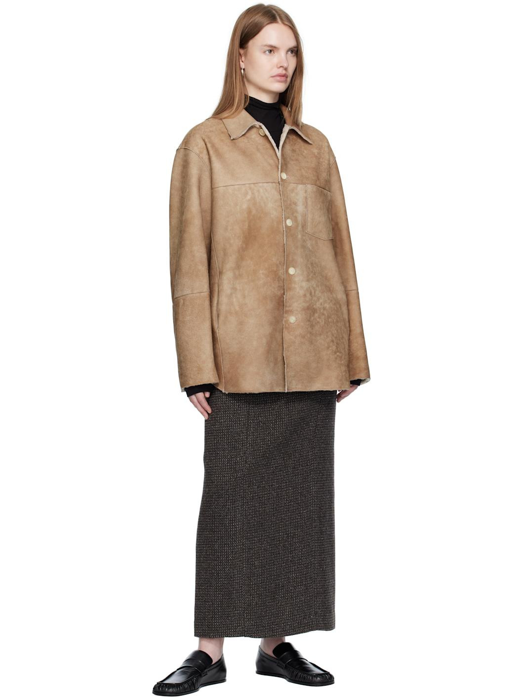 Beige Merino Mouton Shearling Shirt Jacket - 4