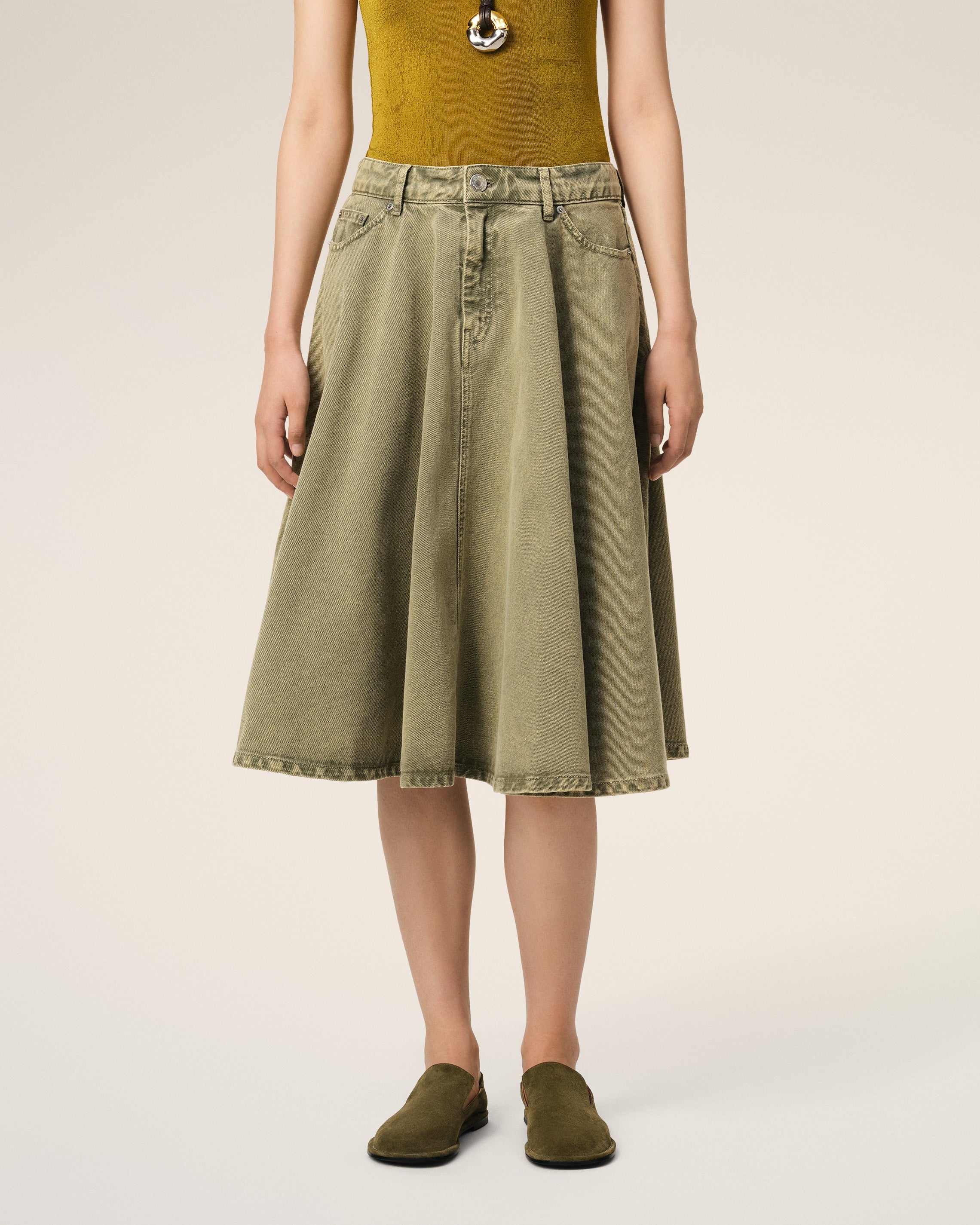GREEN COTTON MIDI SKIRT WITH GODETS - 3